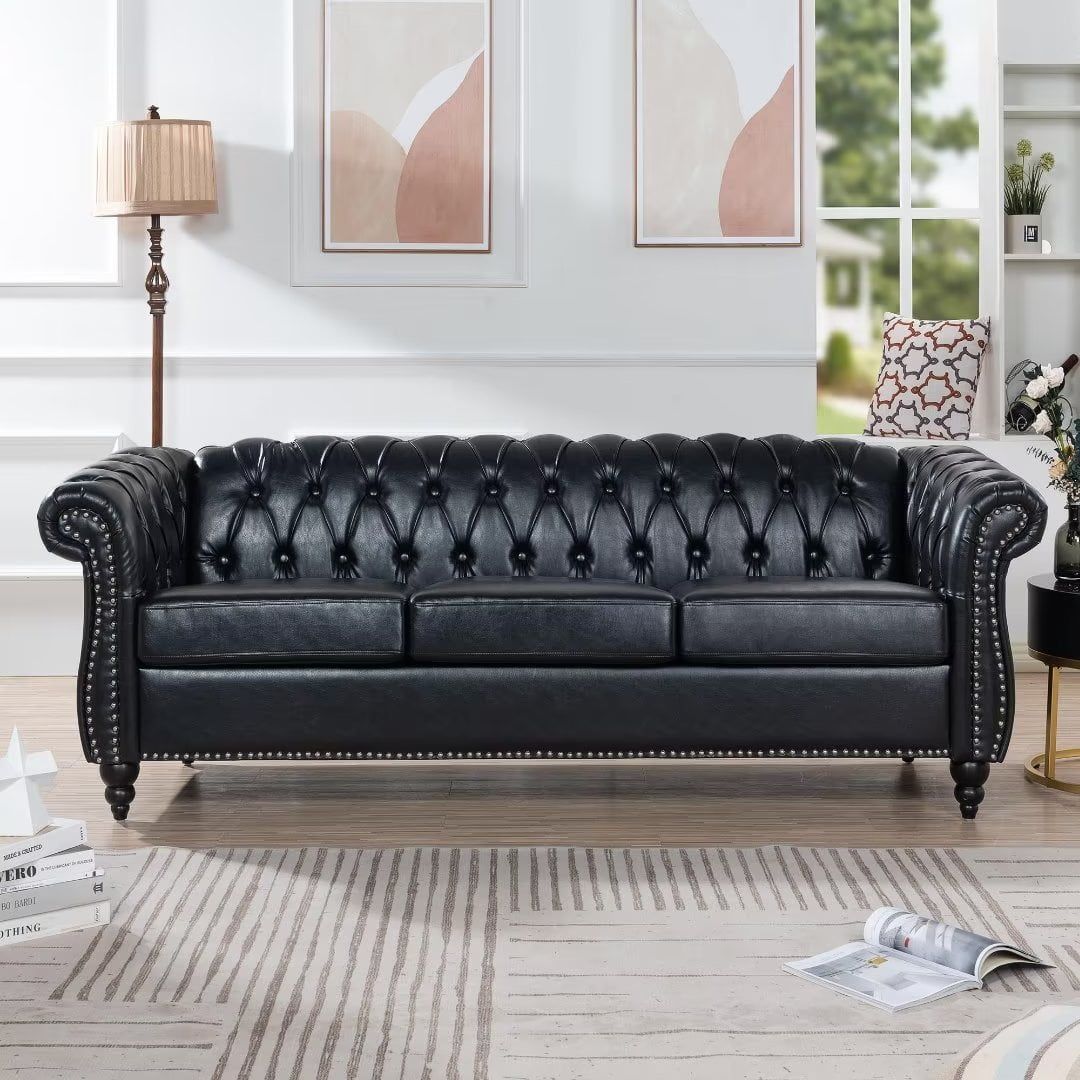 84"rolled Arm Chesterfield Sofa Couch, Modern 3 Seater Sofa Couch, Luxious  Leather Couch With Thicken Seat Cushions And Button Tufted Back,  Chesterfield Couch With Nailhead Trim, Black+pu – Walmart Inside Modern 3 Seater Sofas (View 14 of 15)