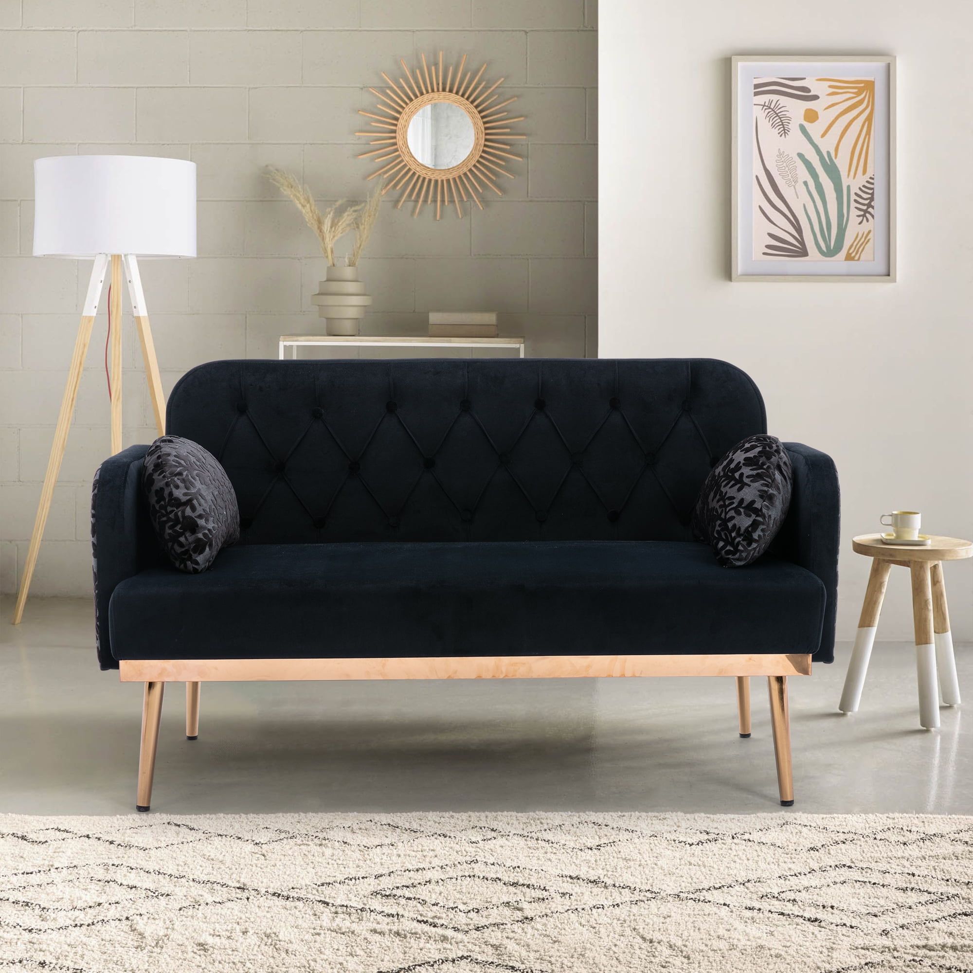 Accent Futon Sofa With 2 Curved Pillows, Velvet Upholstered Sofa Couch With  Button Tufted Backrest And Metal Legs, Modern Loveseat Sofa With Padded  Cushion For Living Room Office, Green – Walmart In 2 Seater Black Velvet Sofa Beds (Photo 12 of 15)
