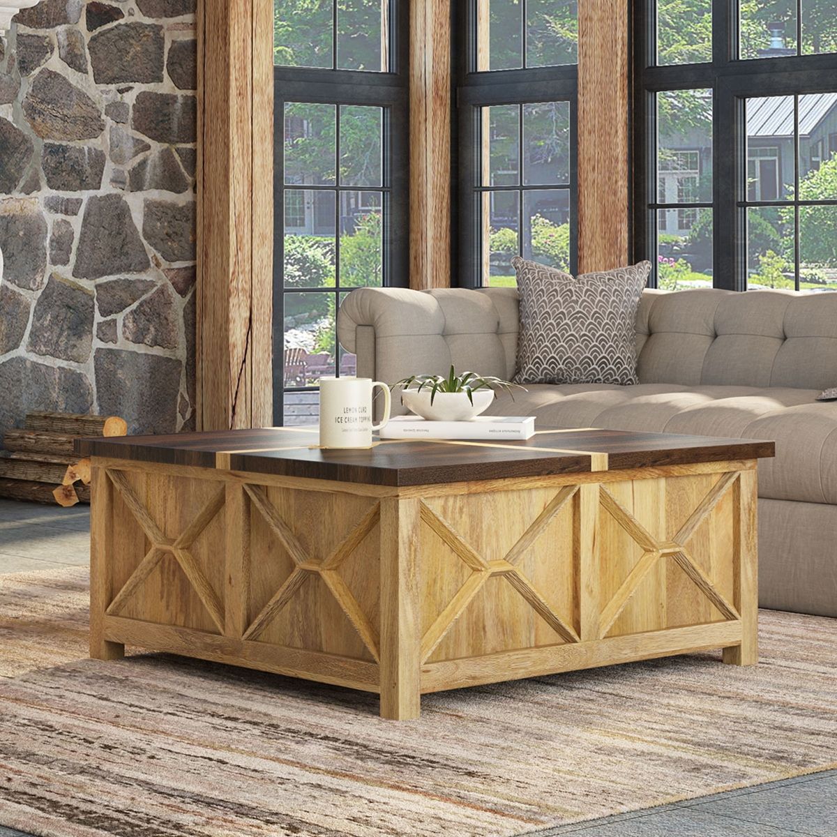 Acireale Rustic Square Farmhouse Coffee Table With Storage. Within Living Room Farmhouse Coffee Tables (Photo 9 of 15)