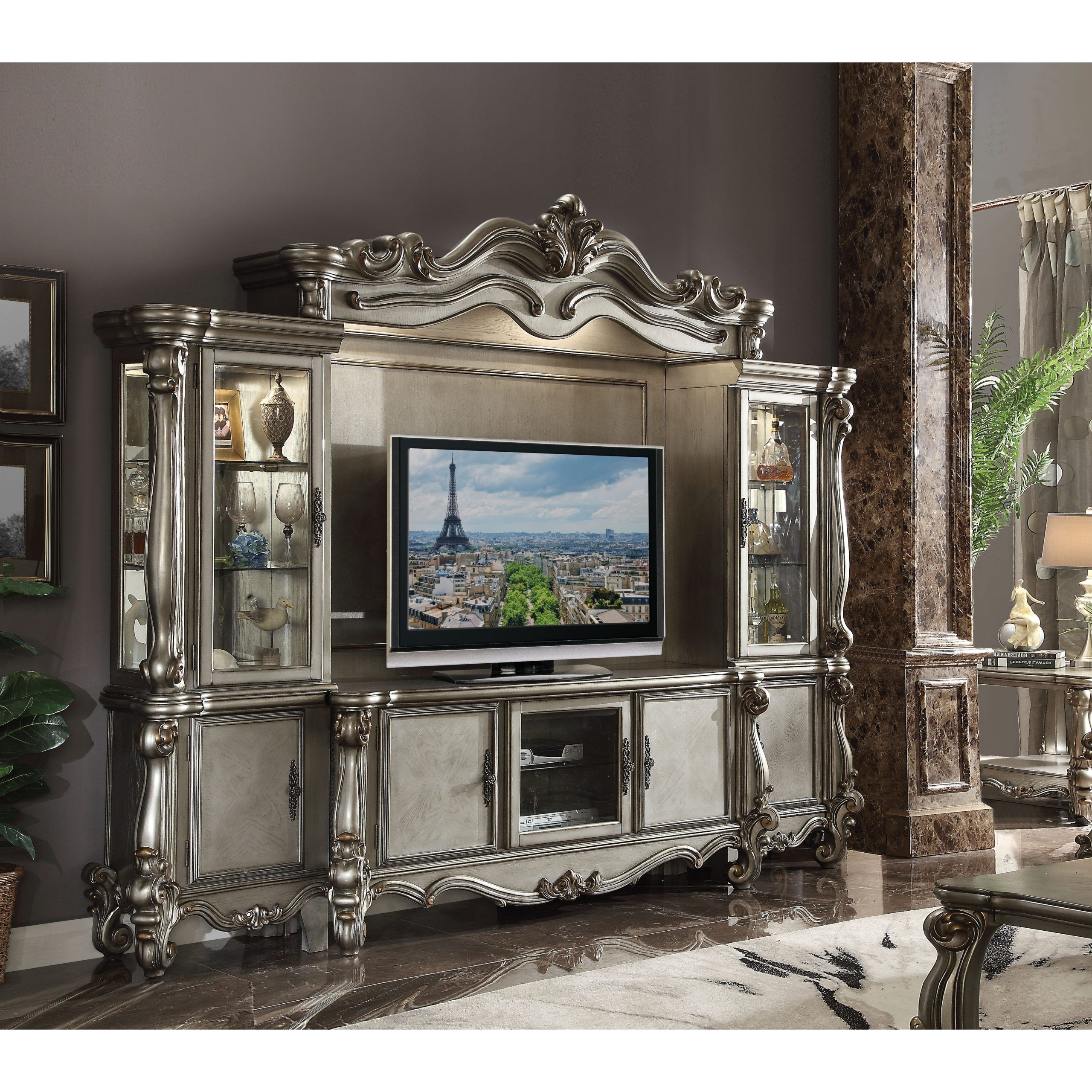 Acme Versailles Tv Console, Antique Platinum (for Flat Screens Tv's Up To  72 Inches) – On Sale – Bed Bath & Beyond – 21619833 Throughout Versailles Console Cabinets (View 8 of 16)