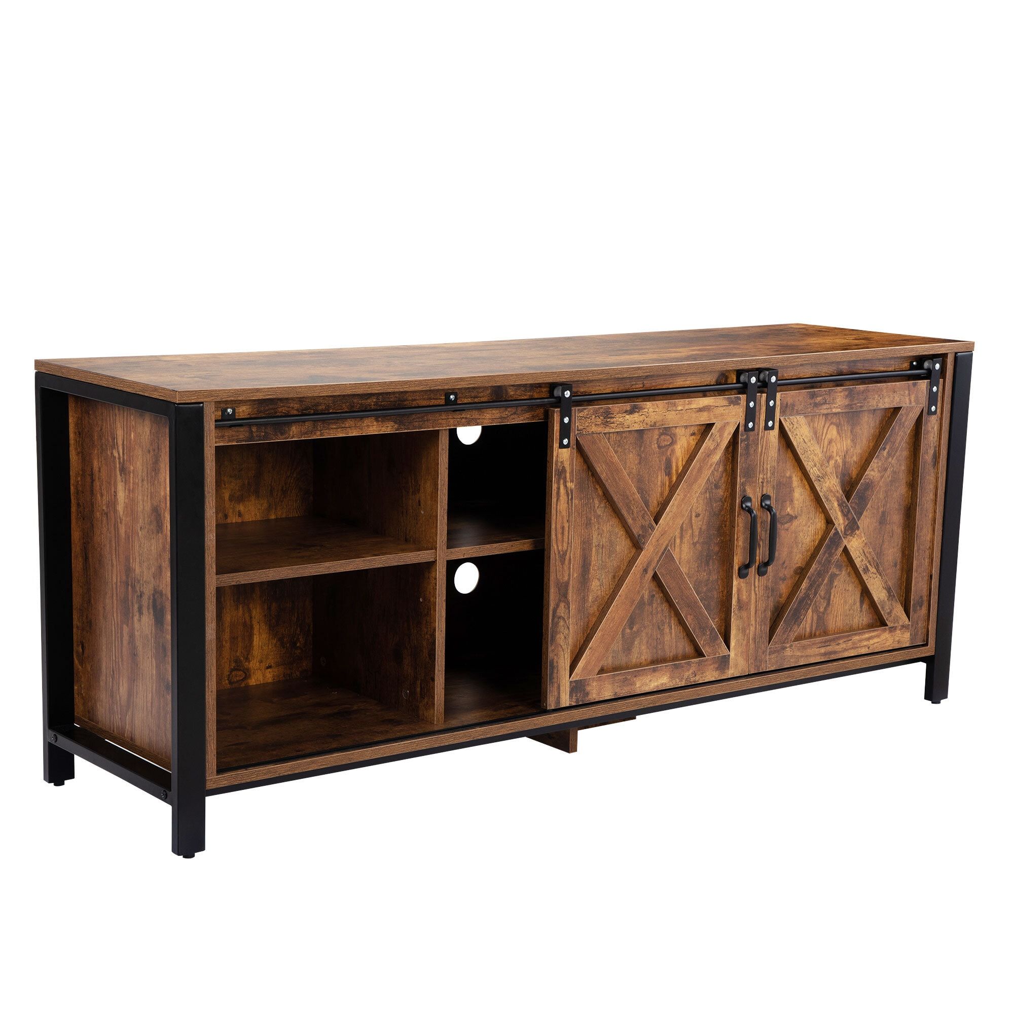 Afoxsos Farmhouse Tv Stand For Tvs Up To 65 In With Sliding Barn Doors And  Adjustable Shelves, Rustic Brown In The Tv Stands Department At Lowes Inside Barn Door Media Tv Stands (Photo 12 of 15)