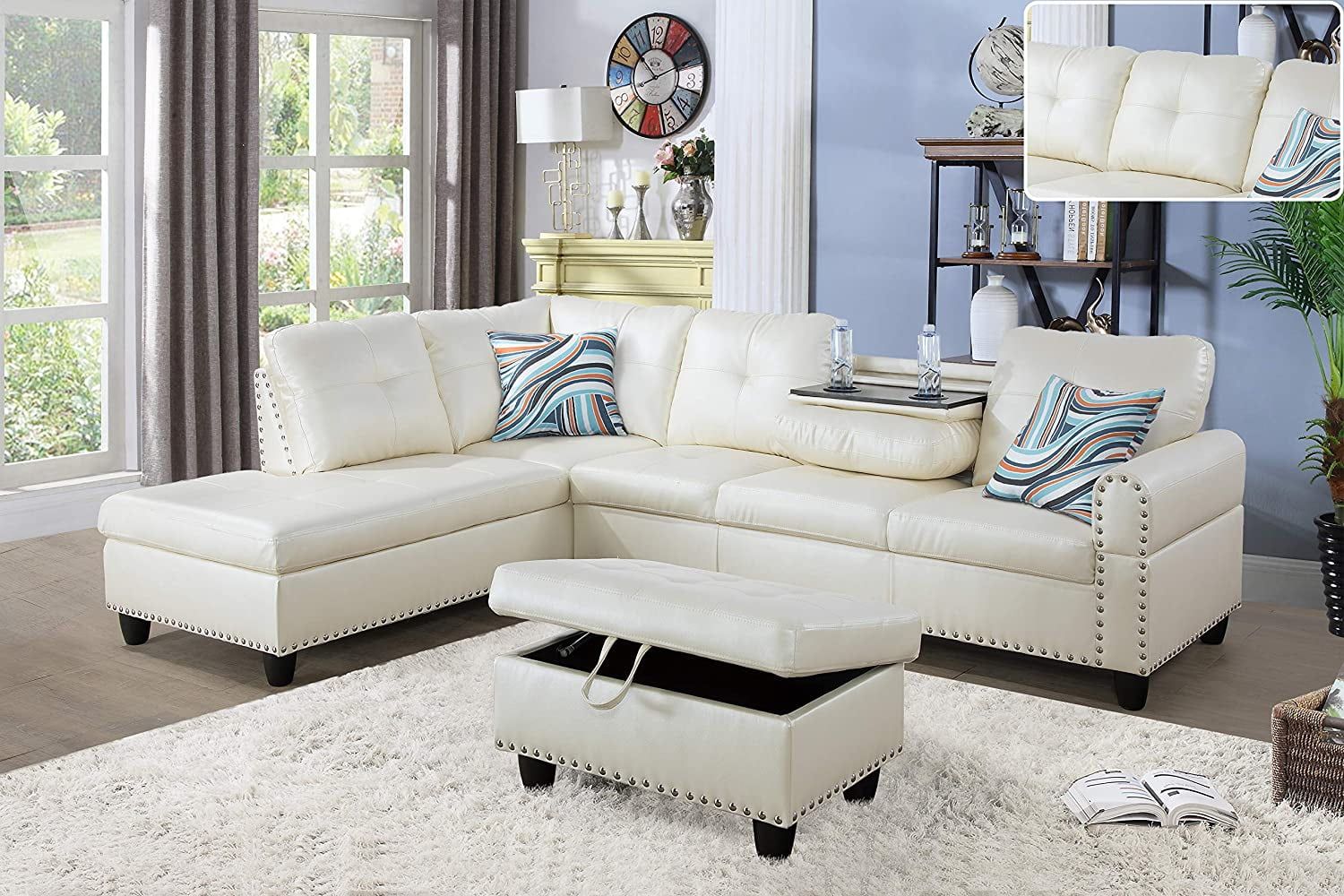 Ainehome Faux Leather Sectional Sofa, Living Room Set With Drop Down Table  & Cup Holder – White – Walmart Regarding Faux Leather Sectional Sofa Sets (View 15 of 15)