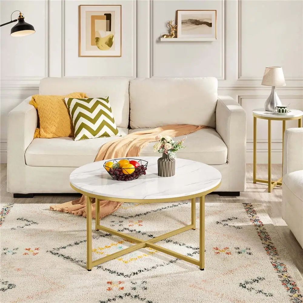 Alden Design Modern Round Faux Marble Coffee Table, Gold | Ebay With Modern Round Faux Marble Coffee Tables (View 4 of 15)