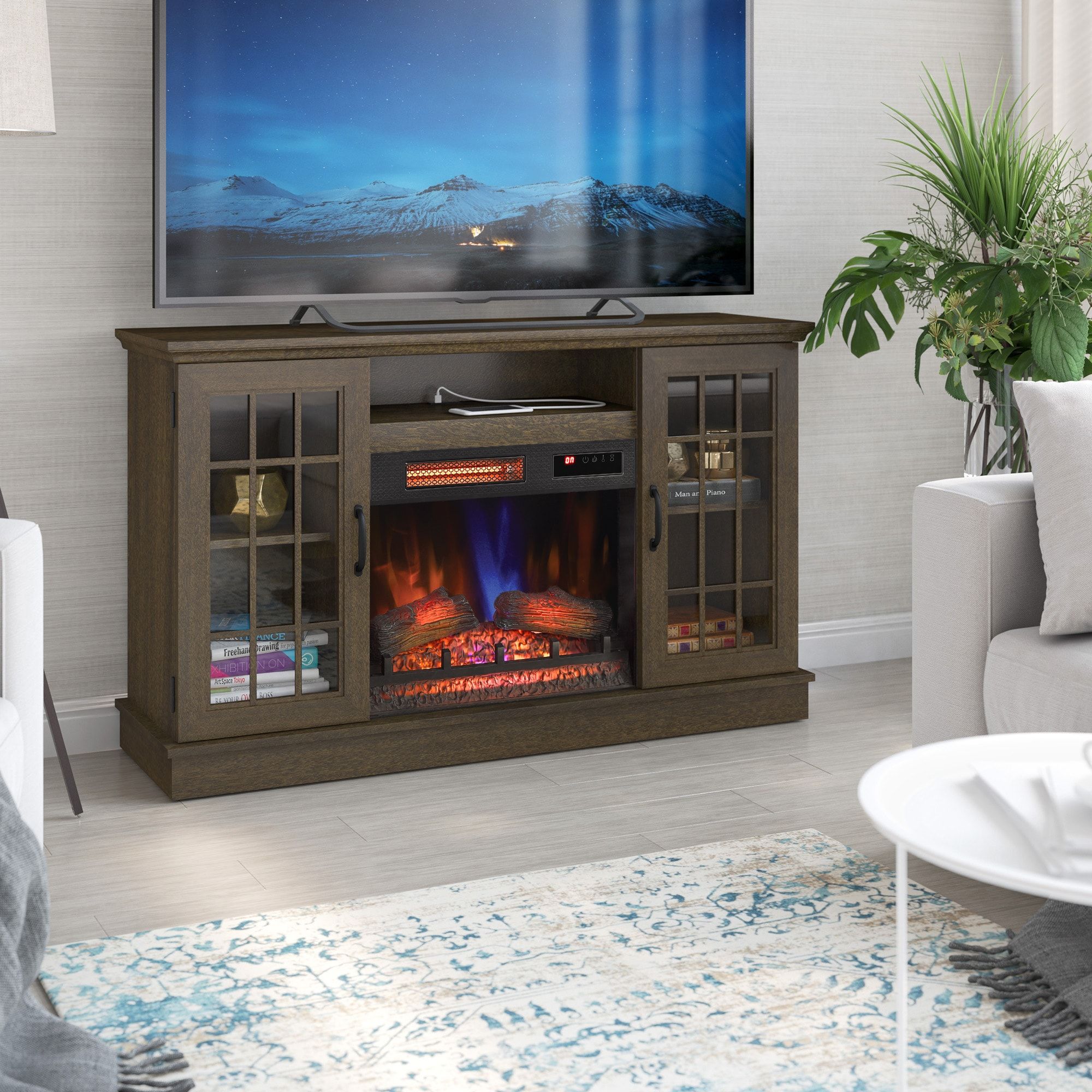 Allen + Roth 54 In W Stanton Birch Tv Stand With Infrared Quartz Electric  Fireplace In The Electric Fireplaces Department At Lowes In Tv Stands With Electric Fireplace (View 2 of 15)
