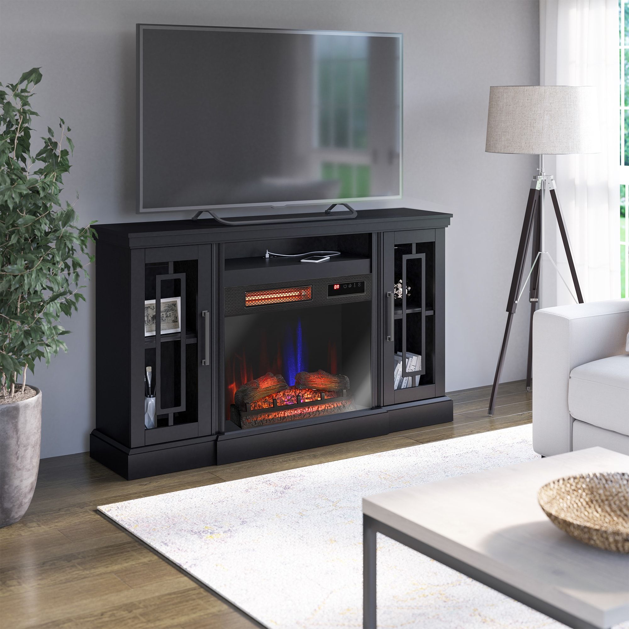 Allen + Roth 62 In W Black Tv Stand With Infrared Quartz Electric Fireplace  In The Electric Fireplaces Department At Lowes With Regard To Tv Stands With Electric Fireplace (View 10 of 15)