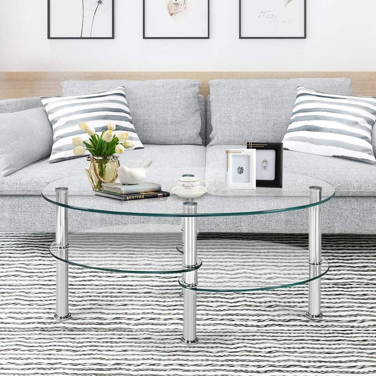 Alpulon Tempered Glass Coffee Table Oval 3 Tier Steel Tea Table For Home  Living Room Office – Walmart With Tempered Glass Oval Side Tables (View 11 of 15)
