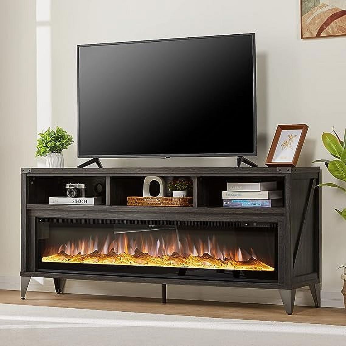 Amerlife 65" Fireplace Tv Stand With 60" Glass Electric Fireplace,  Industrial & Farmhouse Media Entertainment Center With Open Shelve Storage  For Tvs Up To 75", Tv Console For Living Room, Gray – Pertaining To Electric Fireplace Entertainment Centers (View 7 of 15)