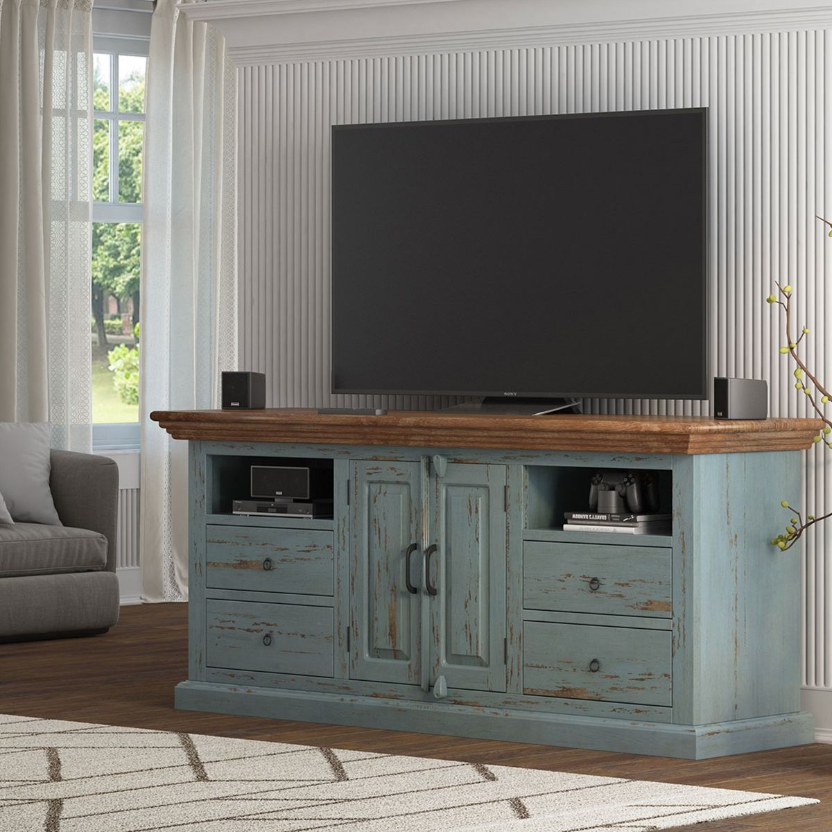 Angleton 70" Large Solid Rustic Wood Freestanding Media Cabinet. Within Farmhouse Tv Stands (Photo 13 of 15)