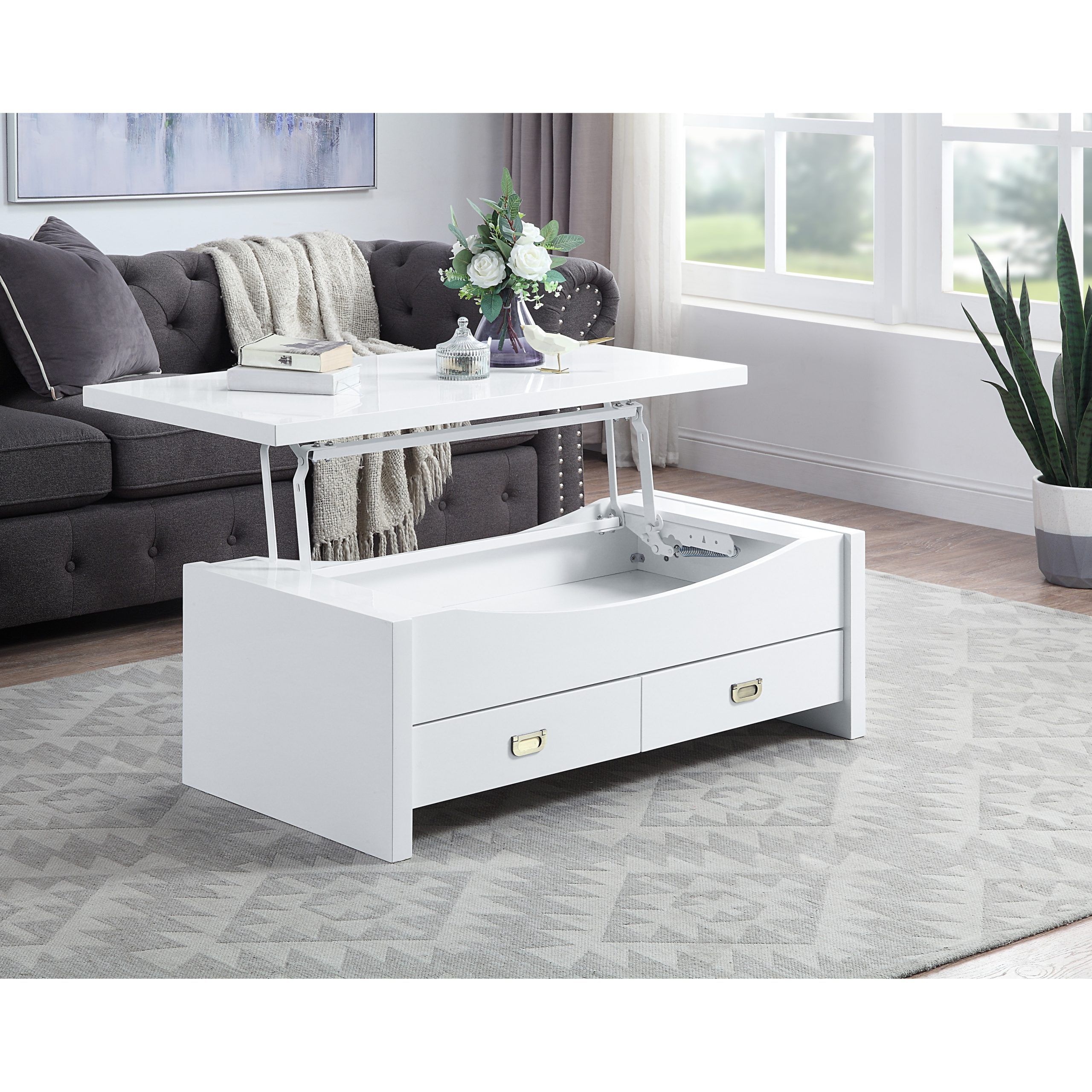 Aoolive Lift Top Coffee Table With Drawers In High Gloss White Finish – On  Sale – Bed Bath & Beyond – 35561340 Intended For High Gloss Lift Top Coffee Tables (View 11 of 15)
