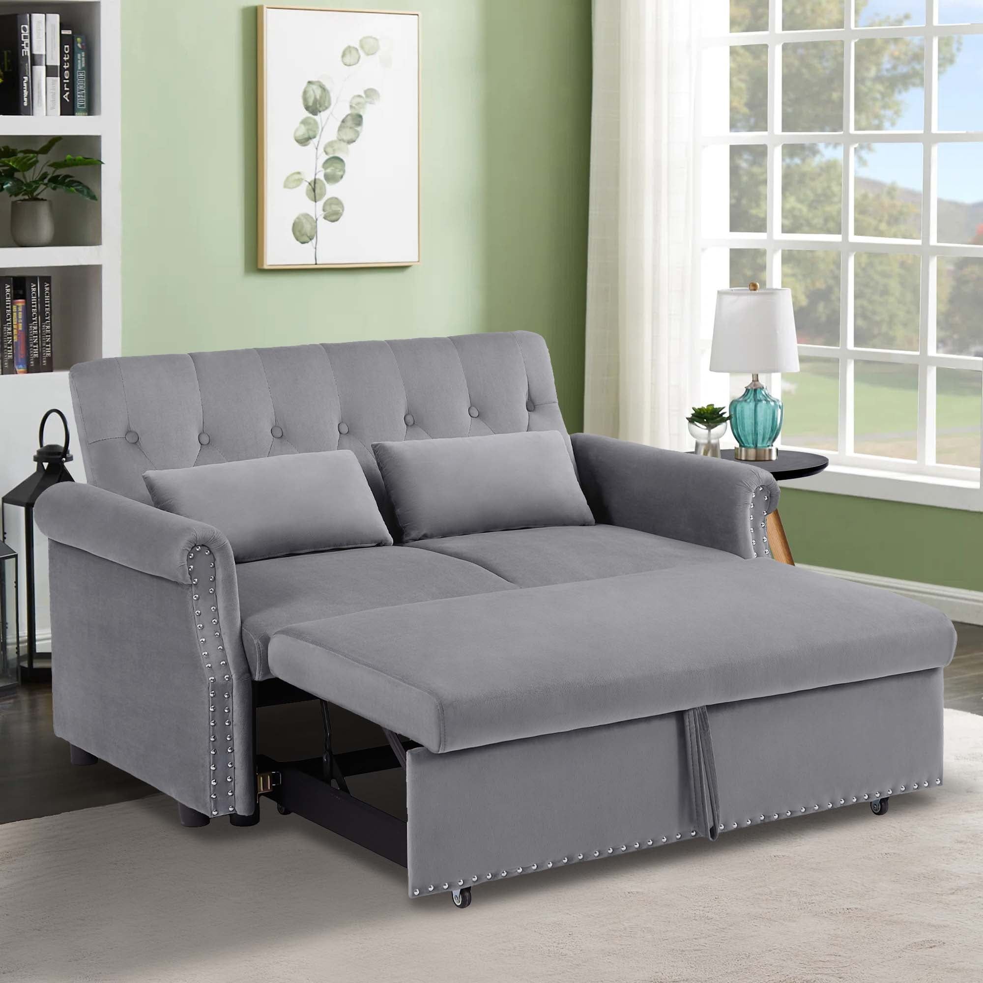 Aukfa 55" Convertible Sleeper Sofa Bed With Pull Out Couch, Velvet Tufted  Button Backrest Loveseat – Gray – Walmart For Tufted Convertible Sleeper Sofas (View 7 of 15)