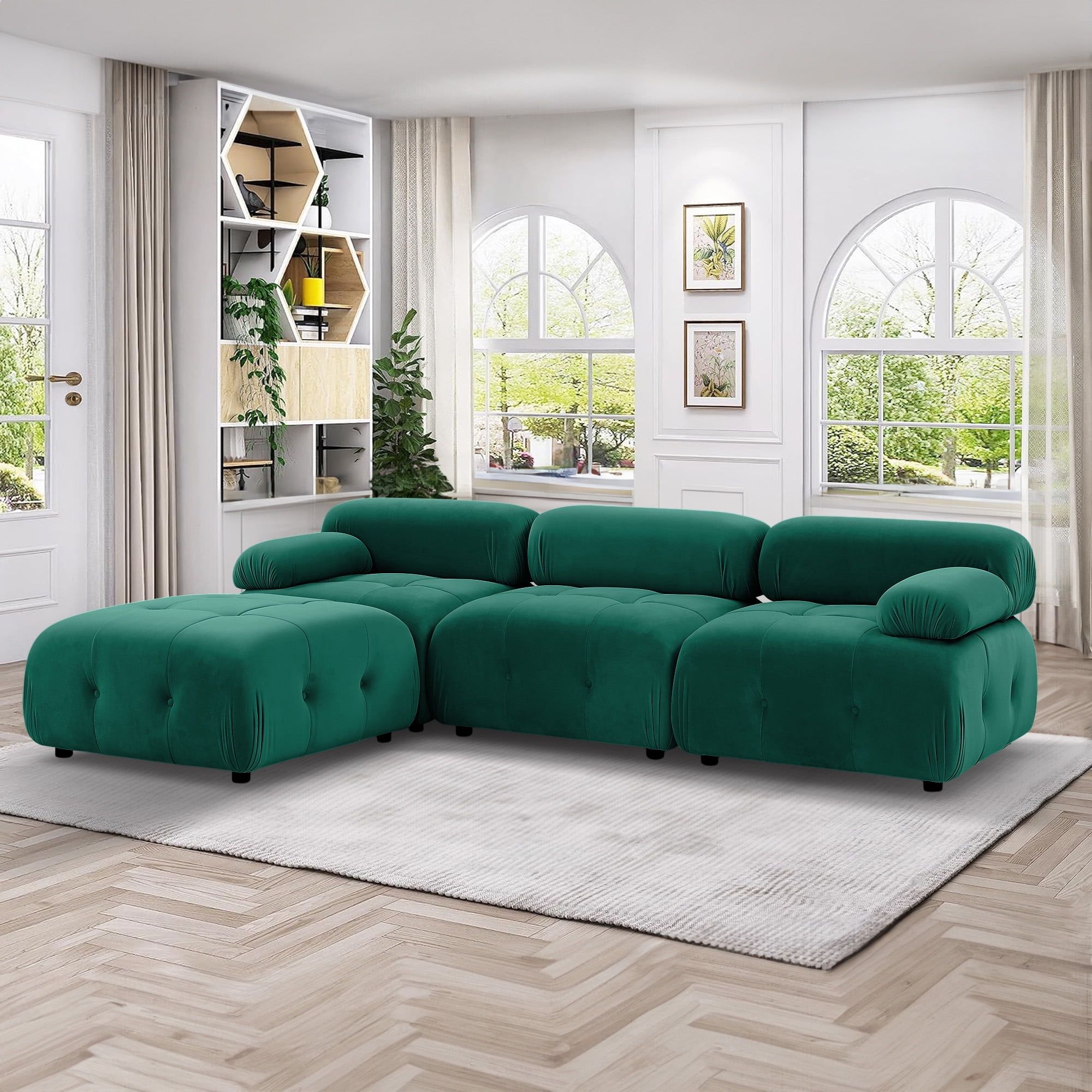 Aukfa 93" Sectional Sofa, Living Room Modular Couch With Ottoman, Pillow  Top Arms, Velvet, Green – Walmart Inside Green Velvet Modular Sectionals (View 4 of 15)