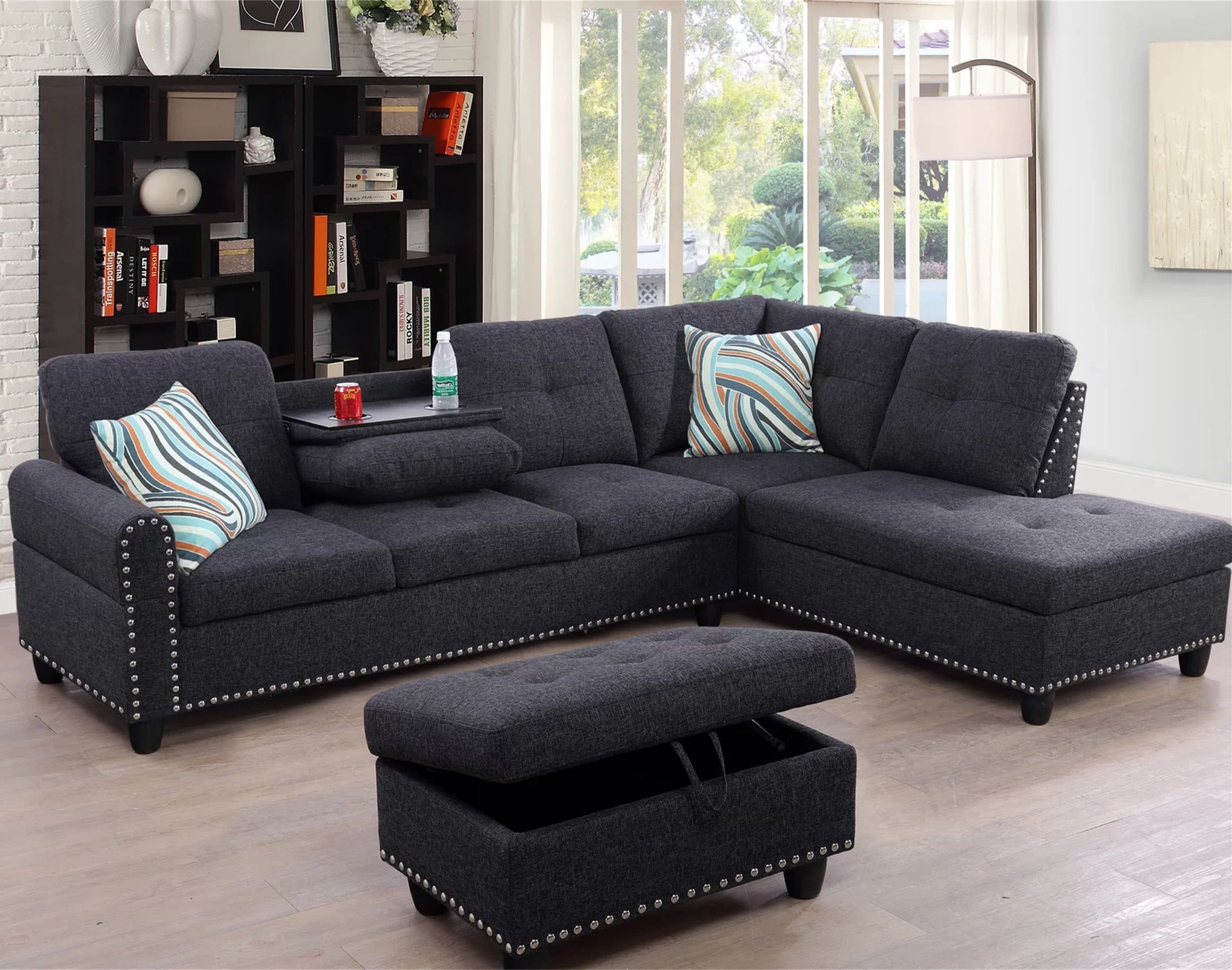 Aukfa Modern Linen Sectional Sofa  Right Facing Chaise  Ottoman  Metal  Nails Decor  Living Room Furniture Set  Black – Walmart Intended For Right Facing Black Sofas (Photo 8 of 15)