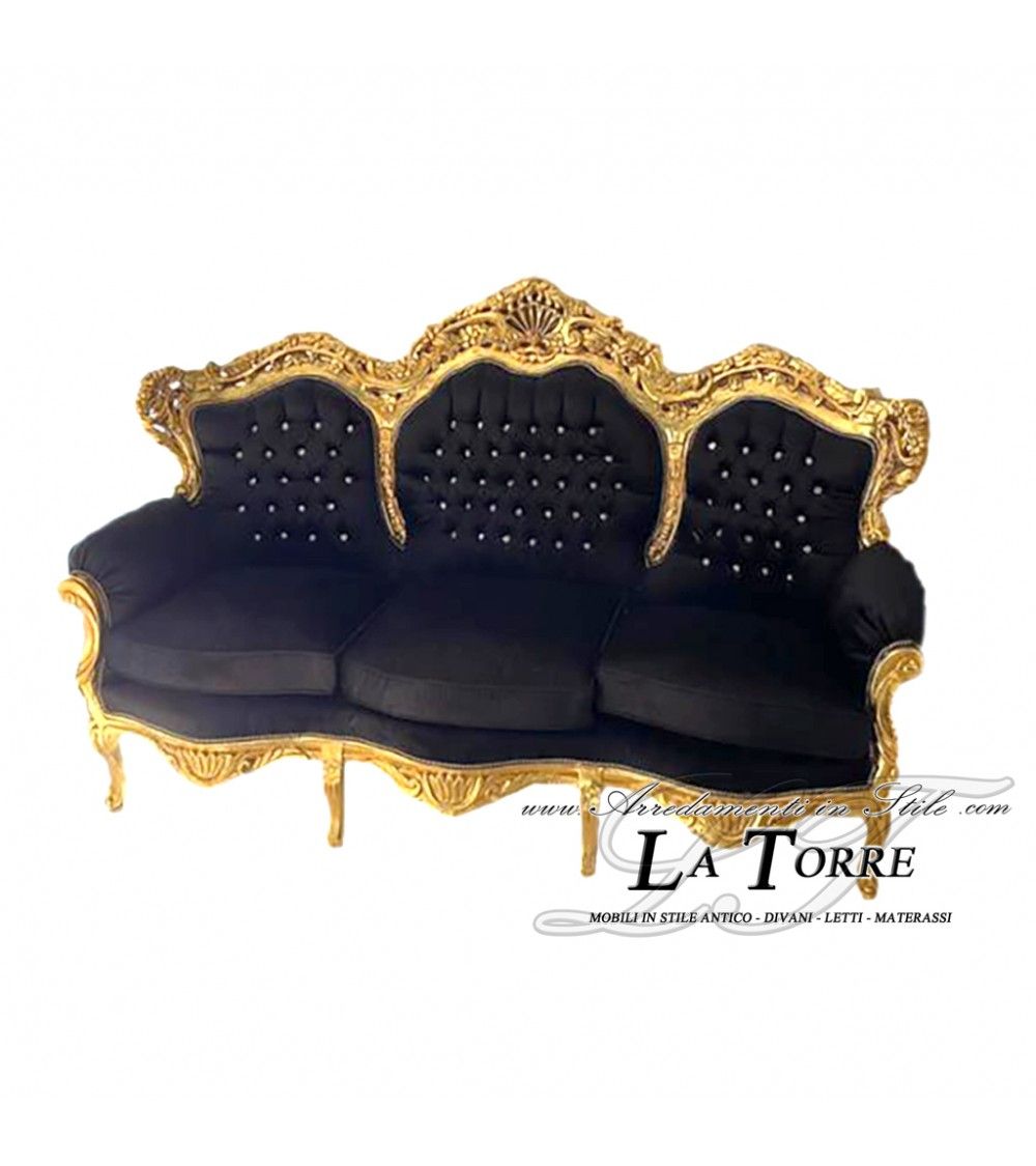 Baroque Sofa 3 Seater Armchair Germany Living Room Gold Leaf Solid Wood  Black Velvet Ma0508 With Sofas In Black (View 10 of 15)