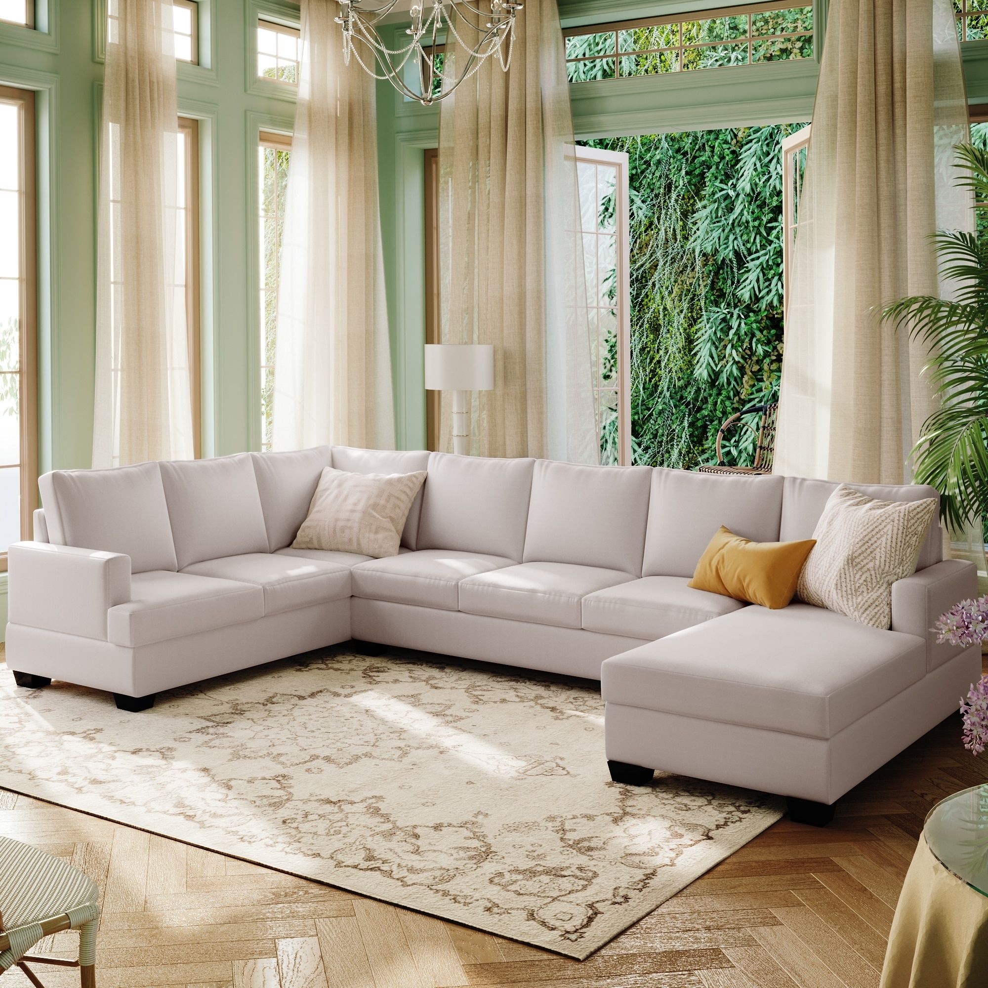 Beige Breathable Fabric U Shape Sectional Sofa With Extra Wide Chaise  Lounge, Sinuous Springs And Birch Wood Legs – On Sale – Bed Bath & Beyond –  38344631 In U Shaped Couches In Beige (View 2 of 15)