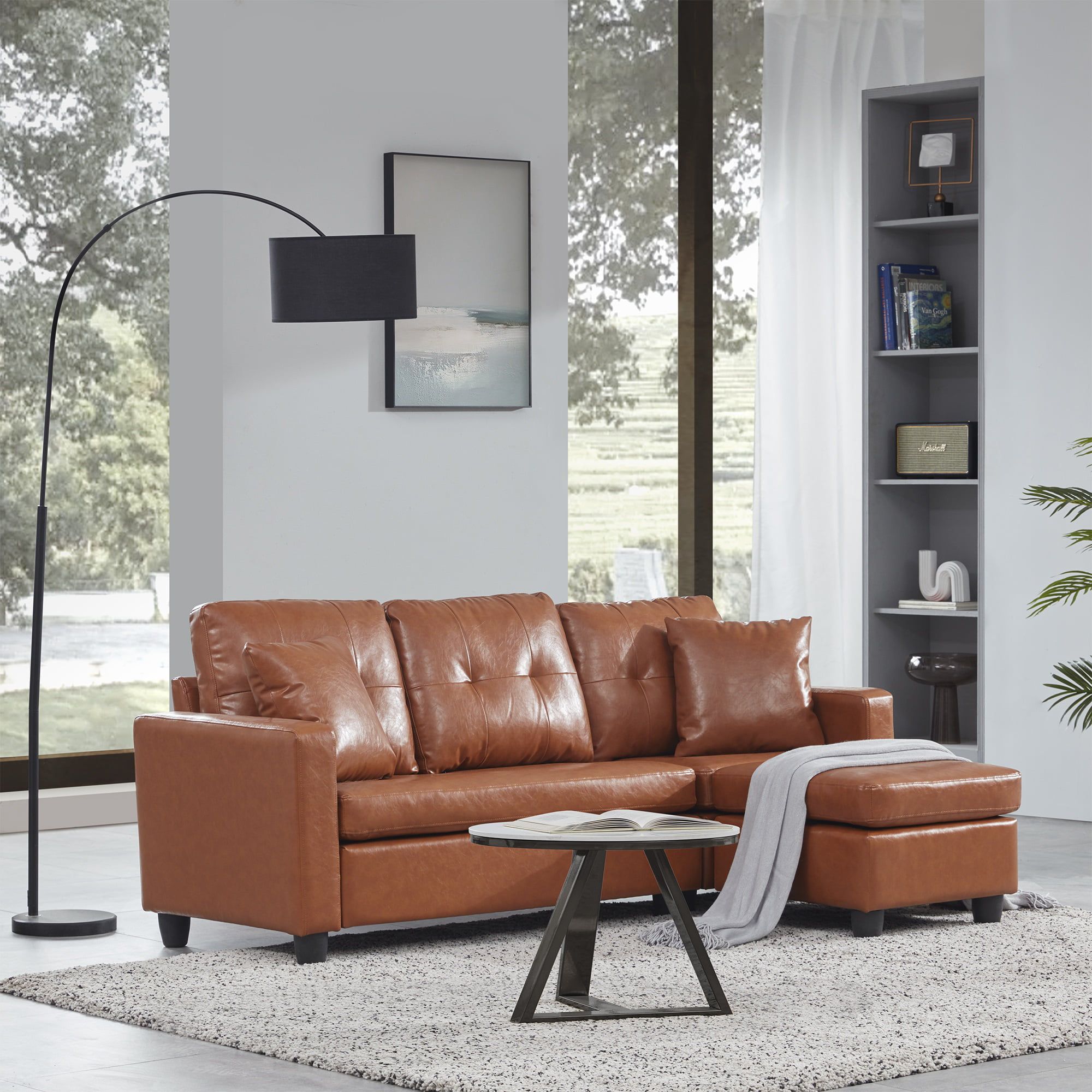 Belleze Altera Convertible Sectional Sofa, Modern Faux Leather L Shaped Couch  3 Seat With Reversible Chaise For Small Space, Caramel – Walmart Within 3 Seat Convertible Sectional Sofas (Photo 8 of 15)