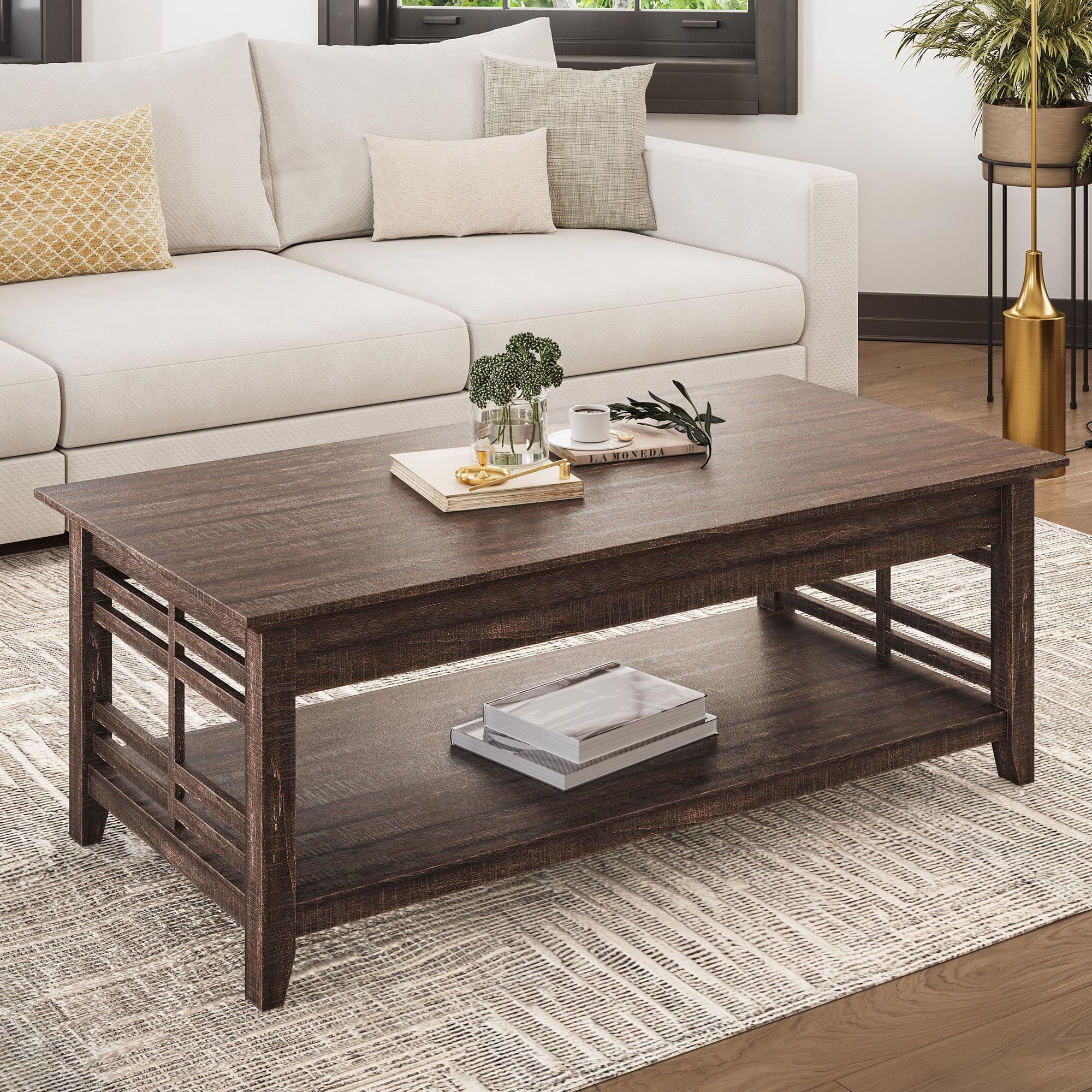 Belleze Modern Wood Coffee Table With Storage Shelf Two Tier Rectangular  Stylish Decor For Living Room Conversation Leisure Occasions – Norrell  (espresso) – Walmart Within Wood Coffee Tables With 2 Tier Storage (View 15 of 15)