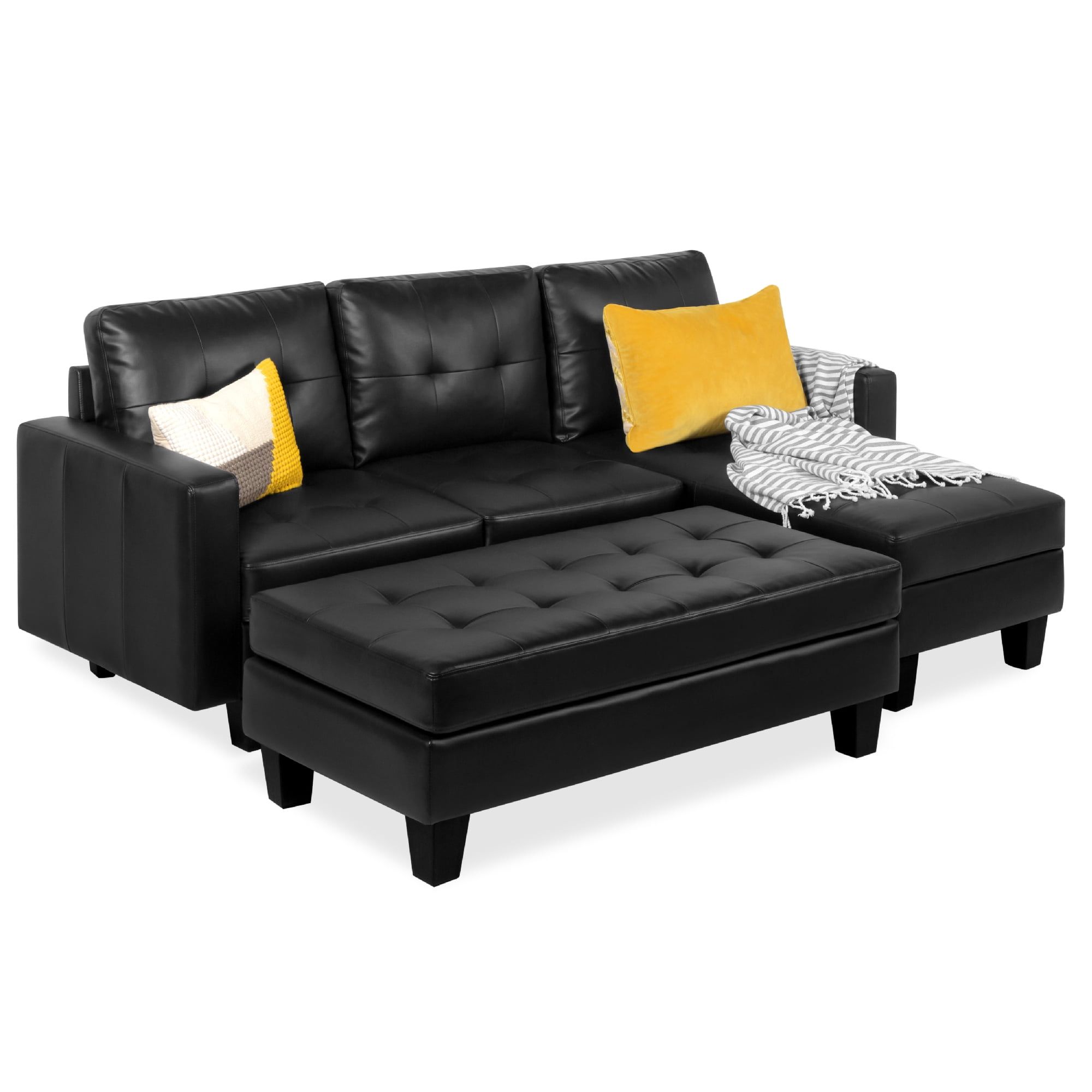 Best Choice Products 3 Seat L Shape Tufted Faux Leather Sectional Sofa Couch  Set W/ Chaise Lounge, Ottoman Bench – Black – Walmart Inside 3 Seat L Shaped Sofas In Black (Photo 2 of 15)