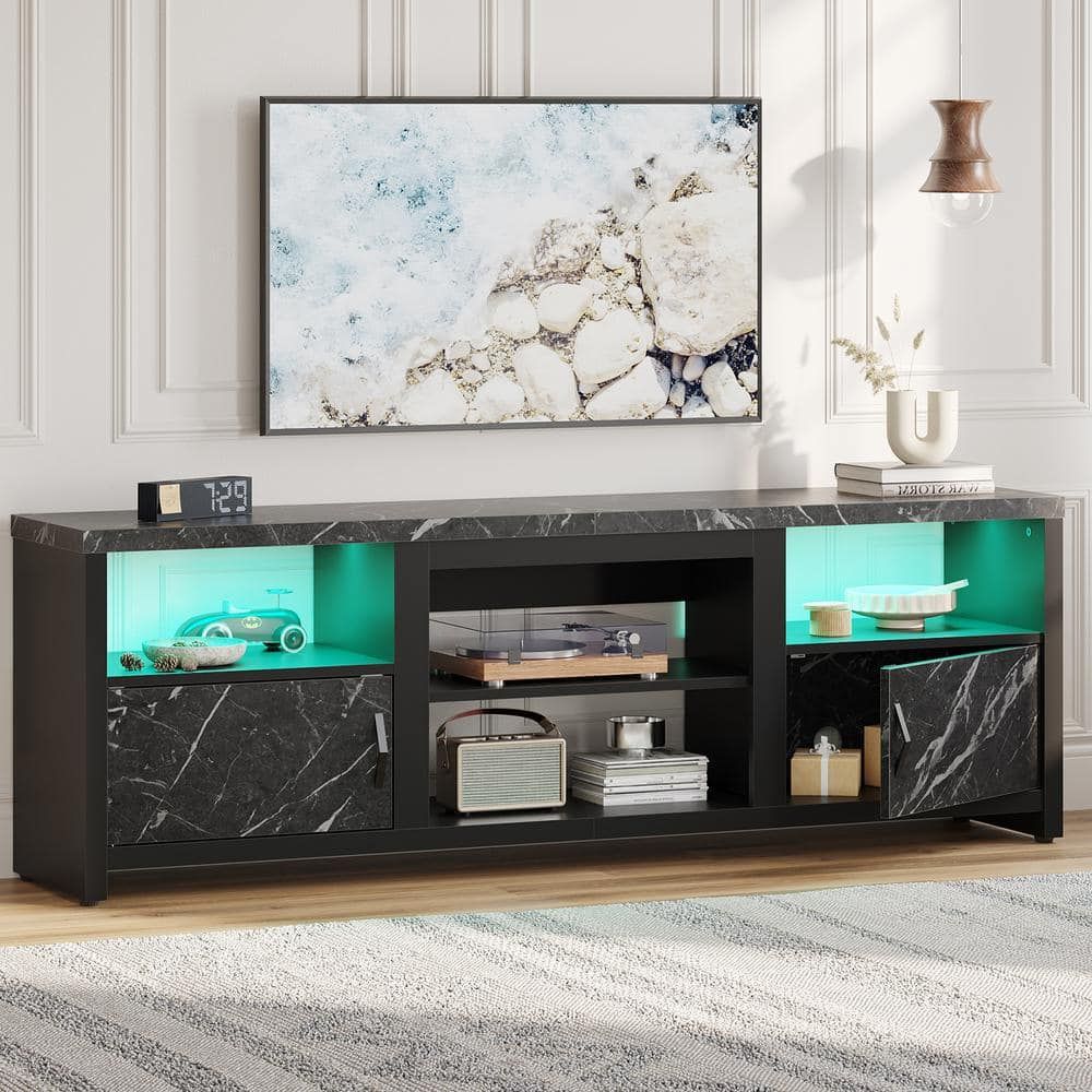 Bestier 70 In. Black Marble Led Tv Stand Fits Tv's Up To 80 In.  Entertainment Center With Cabinets And Removable Shelf L101217y Blkm – The  Home Depot Intended For Black Marble Tv Stands (Photo 15 of 15)