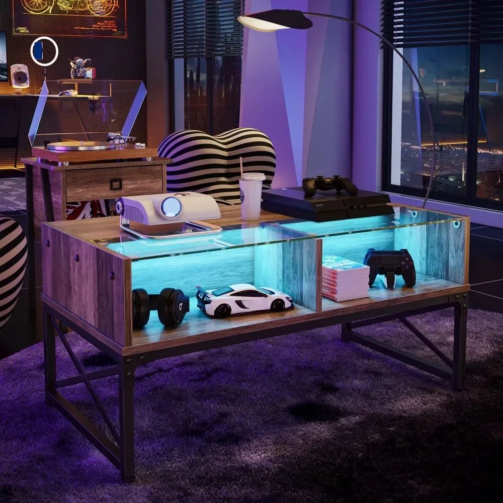 Bestier Coffee Table With Led Lights And Glass Shelf, Weathered Rustic Oak  Weathered Rustic Oak – Aliexpress Throughout Coffee Tables With Led Lights (View 13 of 15)