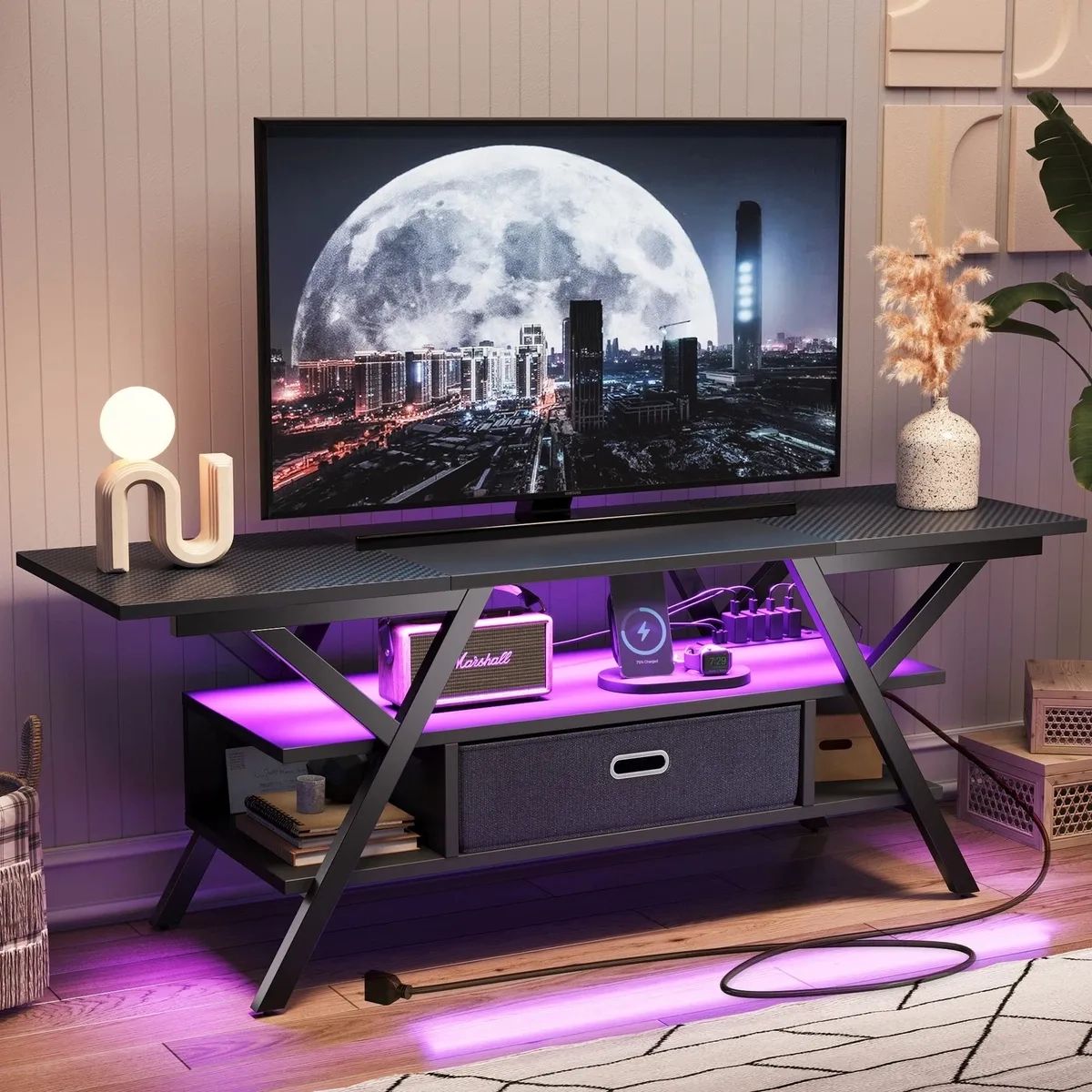 Bestier Led Entertainment Center With Power Outlets Gaming Tv Stand For Tv  Up | Ebay With Regard To Led Tv Stands With Outlet (View 10 of 15)