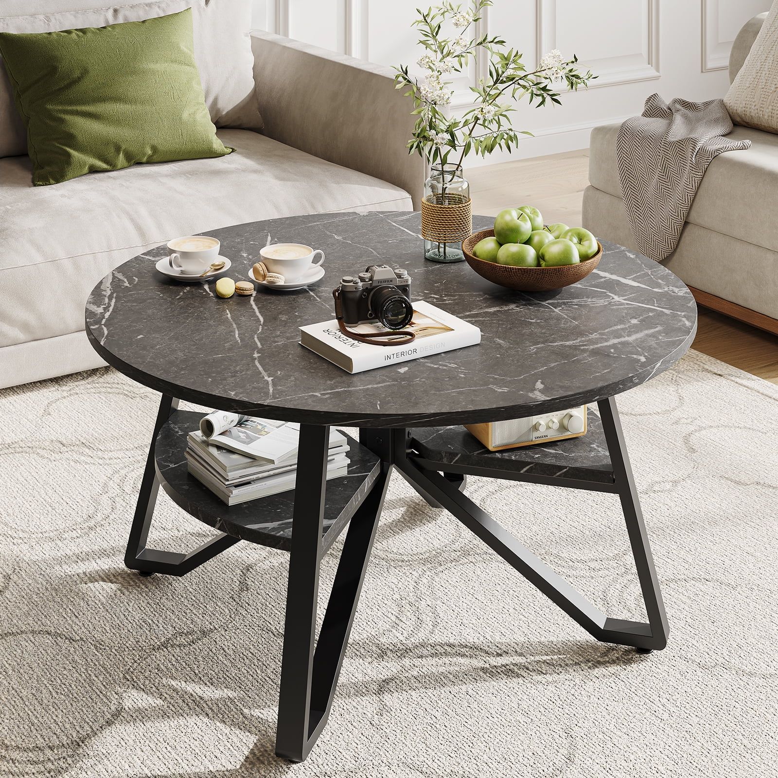 Bestier Round Coffee Table With Storage, Living Room Tables With Sturdy  Metal Legs, Retro Grey Oak – Walmart Inside Round Coffee Tables With Steel Frames (View 4 of 15)