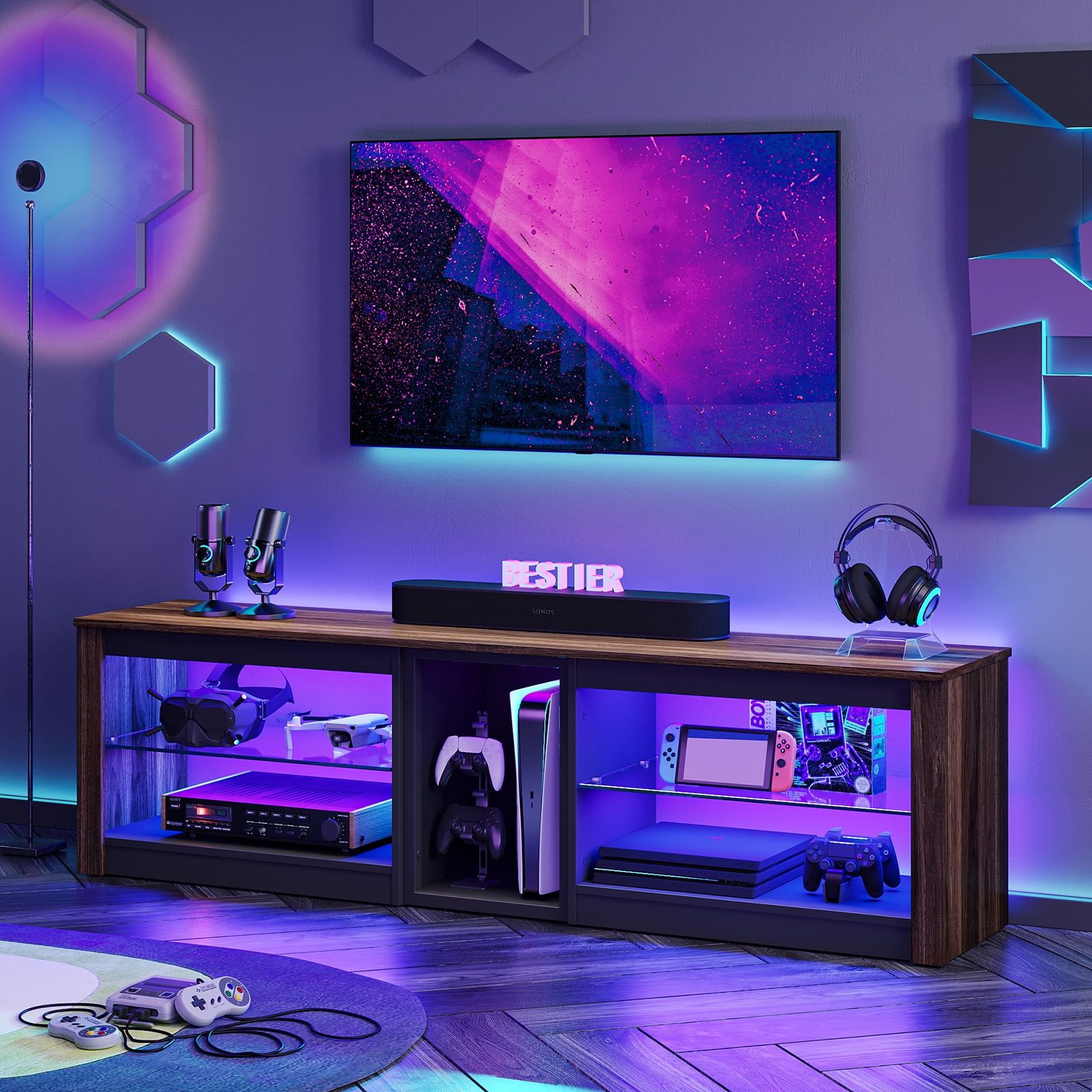Bestier Tv Stand For Tvs Up To 70'' With Rgb Led Lights, Walnut –  Walmart Intended For Tv Stands With Lights (Photo 1 of 15)