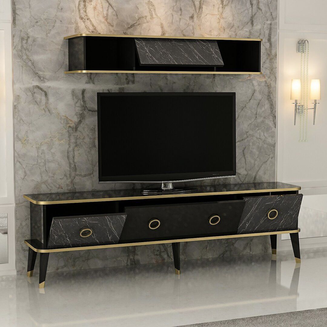 Bien Modern Marble Look Tv Unit – Glossy Black With Gold Framewayfair |  Ufurnish Pertaining To Black Marble Tv Stands (View 12 of 15)
