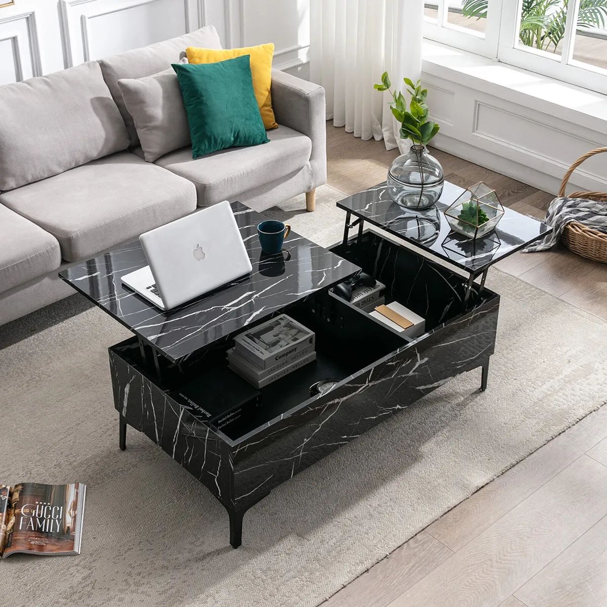 Black 43" High Gloss Lift Top Coffee Table Marble Veneer W/storage Living  Room | Ebay Pertaining To High Gloss Lift Top Coffee Tables (View 9 of 15)