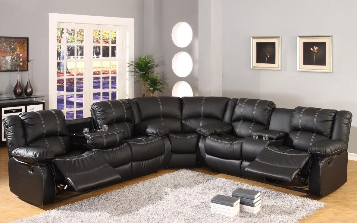Black Faux Leather Reclining Motion Sectional Sofa W/ Storage Console  Sf3591 | Casye Furniture Pertaining To Faux Leather Sofas In Chocolate Brown (View 14 of 15)