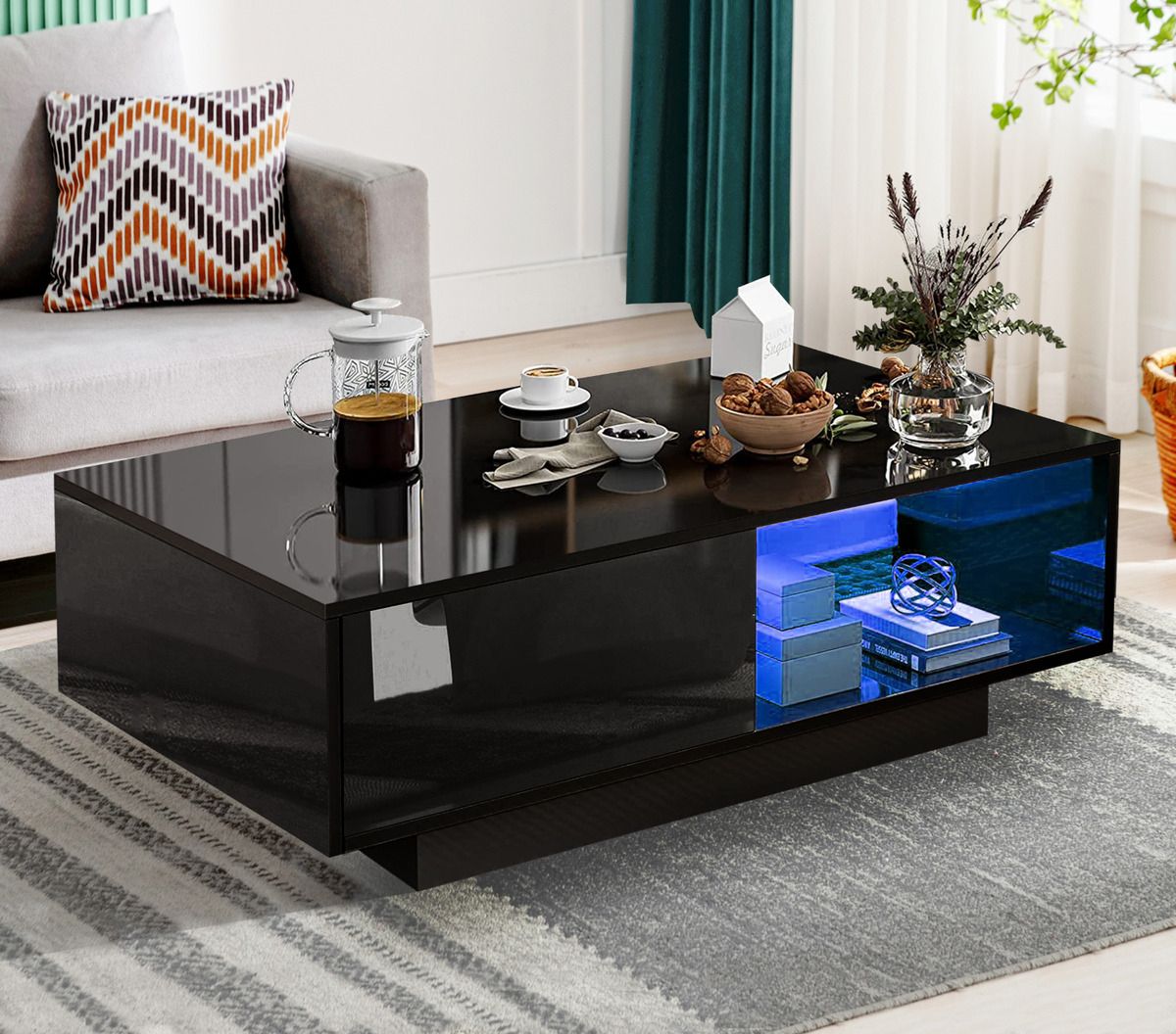 Black Led Wooden Coffee Table With Storage Drawers High Gloss Modern Living  Room | Ebay With High Gloss Black Coffee Tables (View 13 of 15)