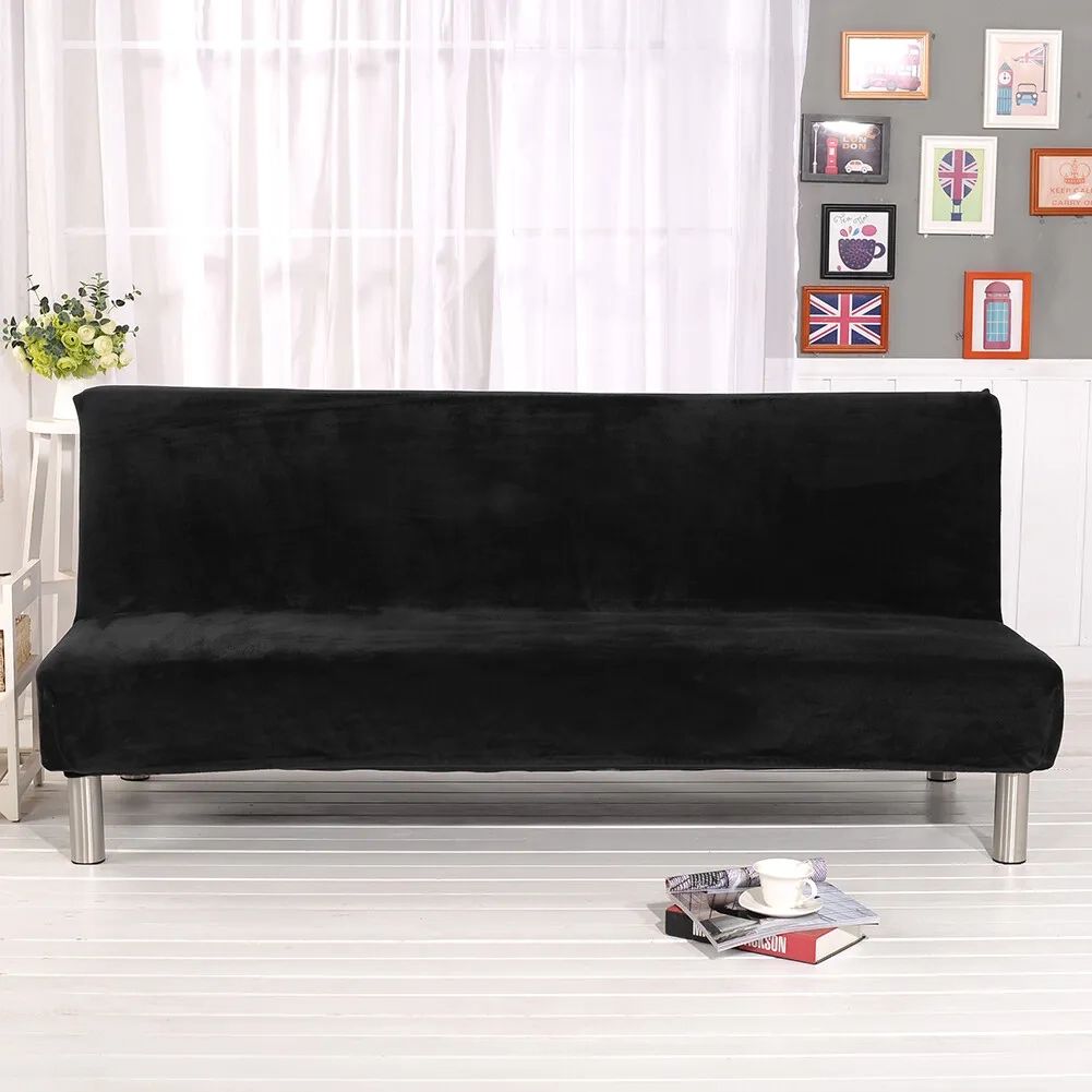 Black Velvet Armless Sofa Bed Futon Slipcover Stretch Folding Couch Cover |  Ebay Intended For 2 Seater Black Velvet Sofa Beds (View 15 of 15)