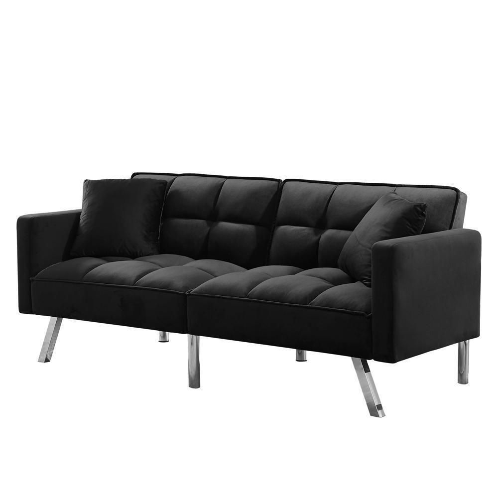Black Velvet Futon Sofa Sleeper With 2 Pillows For Home Office Guest Room |  Ebay In 2 Seater Black Velvet Sofa Beds (View 10 of 15)