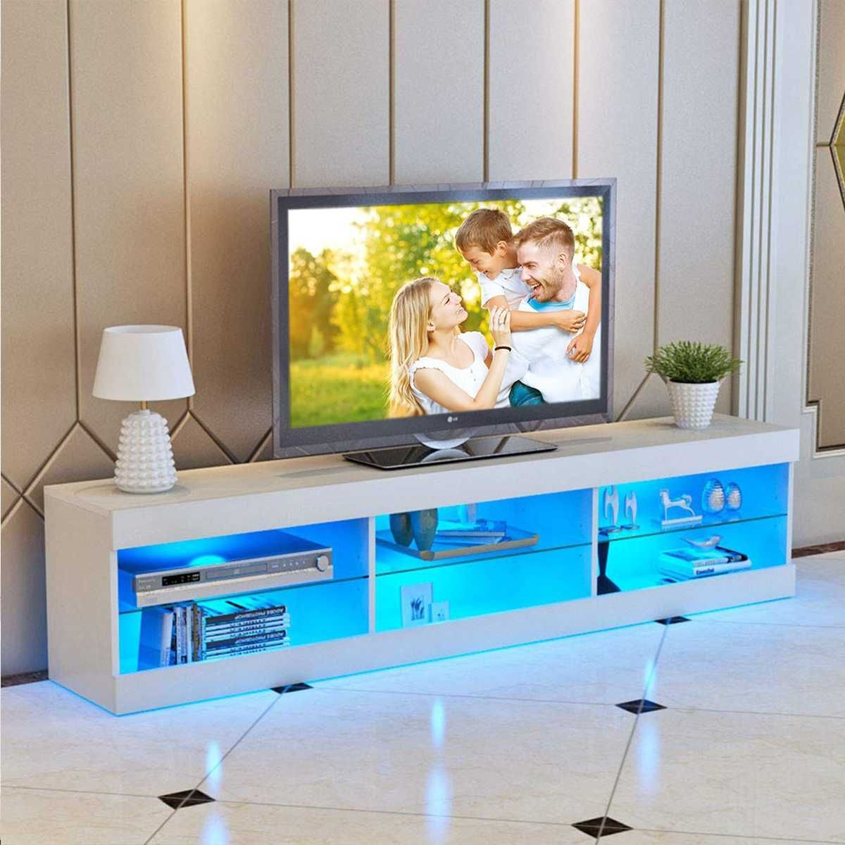 Bright Wooden & Glass Crafted Tv Stand | Tv Stand And Entertainment Center,  Led Tv Stand, Metal Shelving Units For Tv Stands With Lights (Photo 8 of 15)