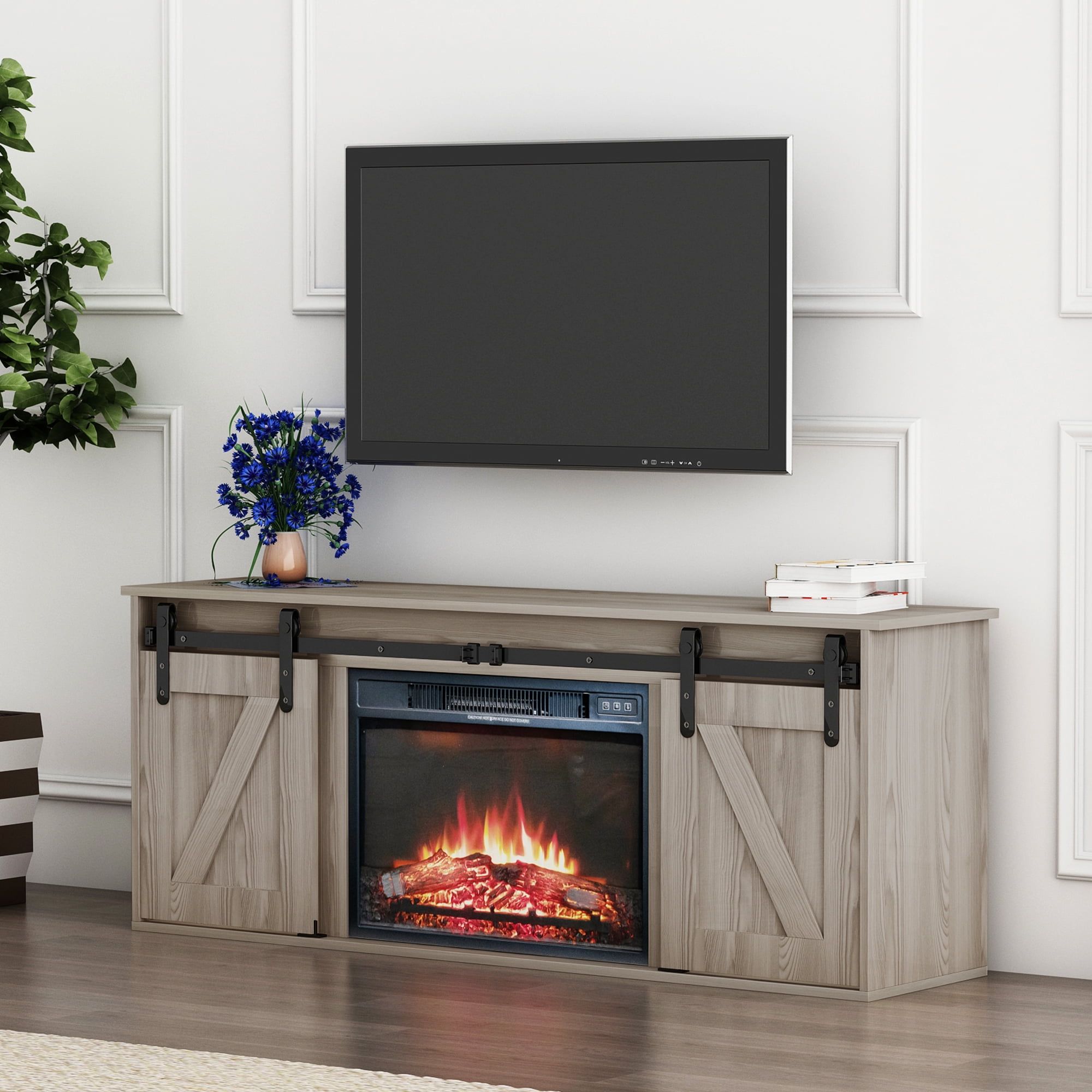 Btmway Electric Fireplace Tv Stand, Farmhouse Media Entertainment Center  Television Console Table, Barn Door Tv Cabinet With Adjustable Shelf &  Remote, Fireplace Tv Stand For 65 Inch Tv, Antique Grey – Walmart In Farmhouse Media Entertainment Centers (View 5 of 15)