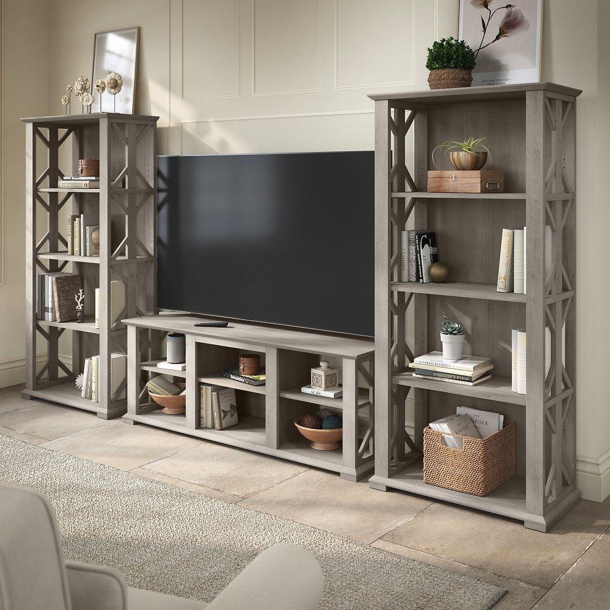 Bush Furniture Homestead Farmhouse Tv Stand For 70 Inch Tv With 4 Shelf  Bookcases In Driftwood Gray | 1stopbedrooms For Farmhouse Stands With Shelves (Photo 2 of 15)