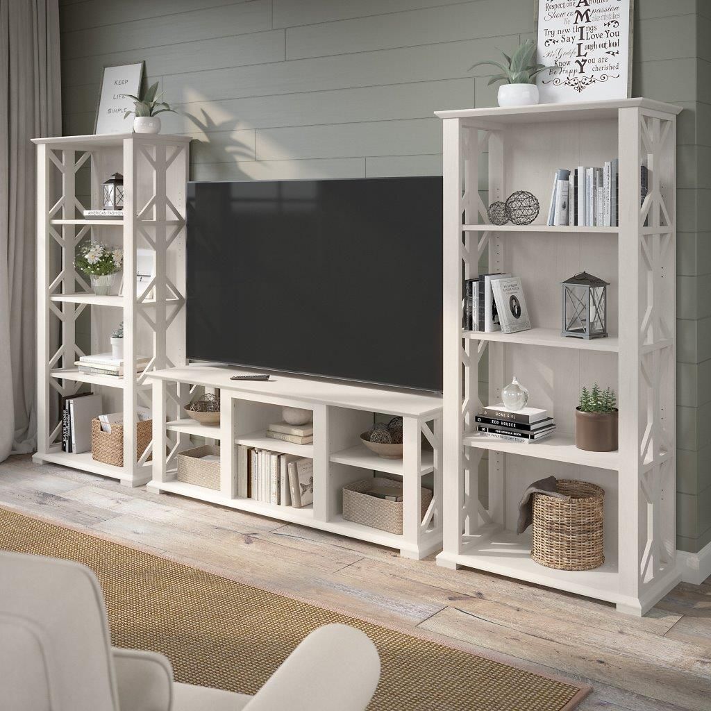 Bush Furniture Homestead Farmhouse Tv Stand For 70 Inch Tv With 4 Shelf  Farmhouse Bookcase Set In Linen White Oak | 1stopbedrooms Within Farmhouse Stands With Shelves (View 6 of 15)