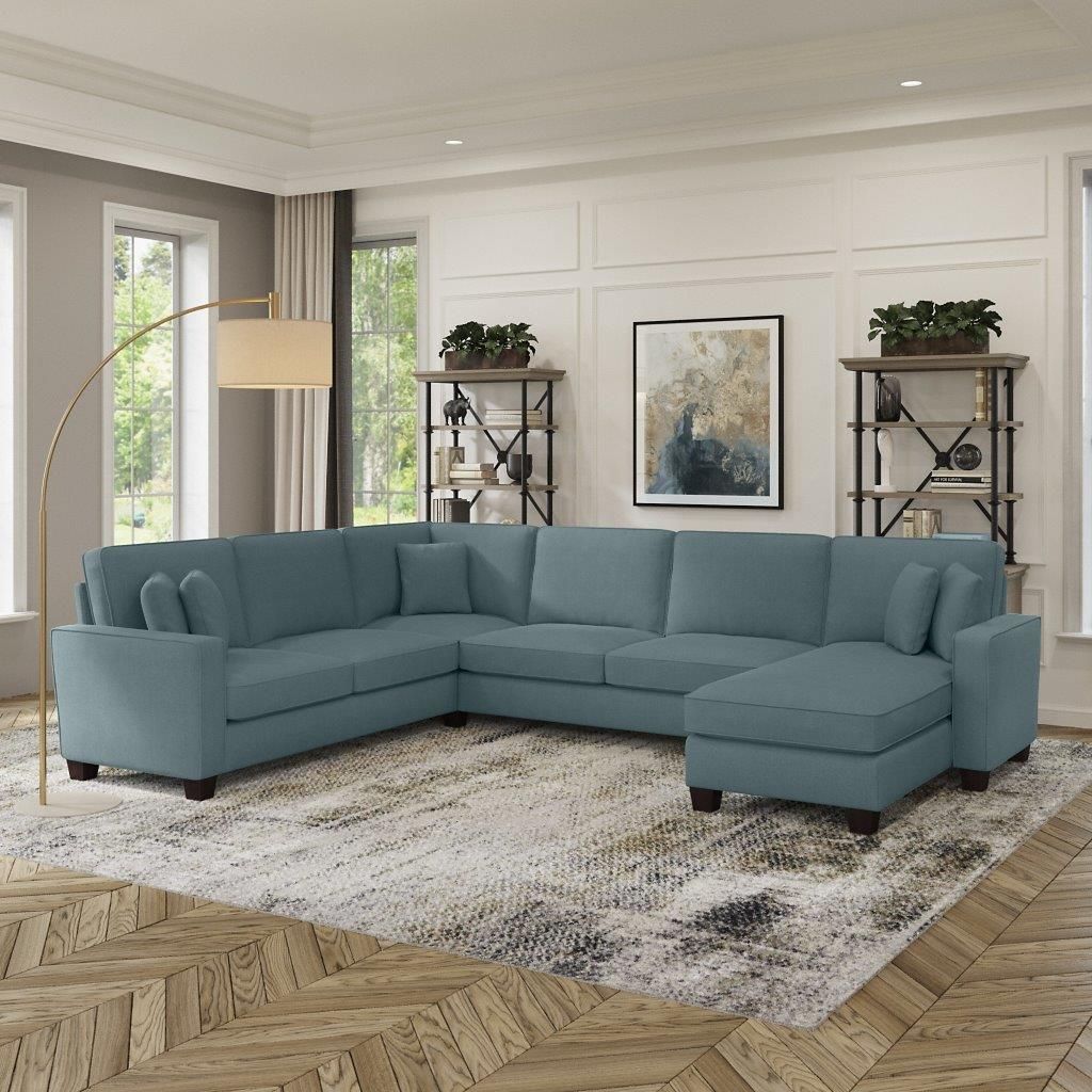 Bush Furniture Stockton 128w U Shaped Sectional Couch With Reversible Chaise  Lounge In Turkish Blue Herringbone | 1stopbedrooms Throughout Reversible Sectional Sofas (Photo 11 of 15)