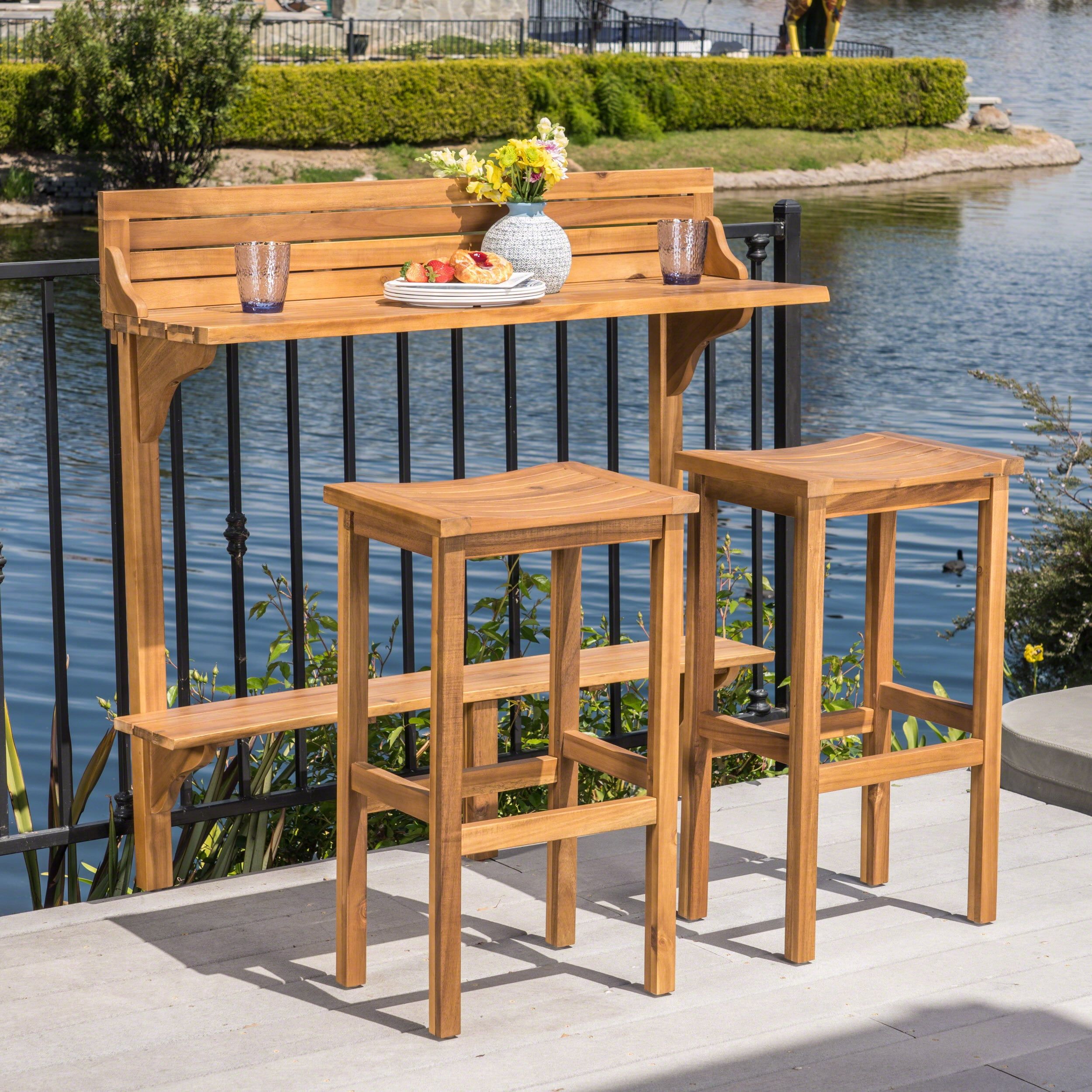 Caribbean Outdoor 3 Piece Acacia Wood Balcony Bar Set, Natural Stained –  Walmart Regarding Natural Outdoor Cocktail Tables (View 10 of 15)