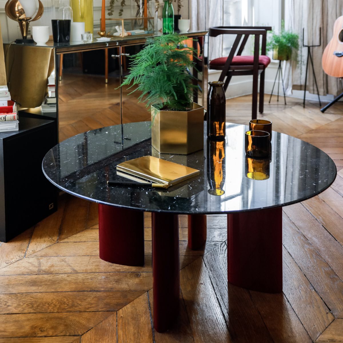 Carlotta Round Coffee Table, Black Marble Top And Burgundy Legs Regarding Full Black Round Coffee Tables (Photo 4 of 15)