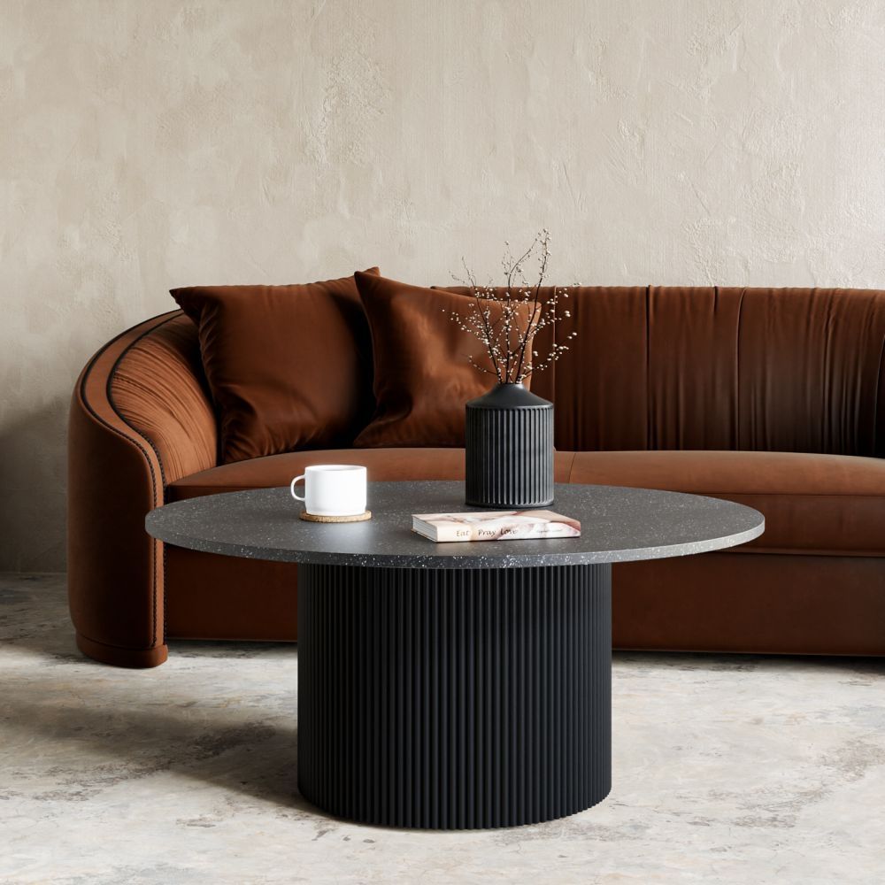 Carra Marble Coffee Table Black Large Round Top With Fluted Ribbed Drum  Base – Cfs Furniture Uk In Full Black Round Coffee Tables (View 11 of 15)