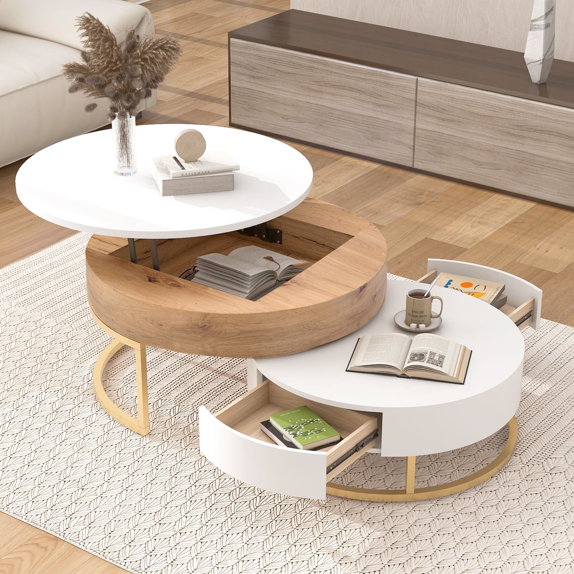 Churanty Gold Round Nesting Coffee Table Set Of 2, Modern Lift Top Coffee  Table With Storage Drawers For Small Spaces,natural Wood – Walmart Intended For Lift Top Coffee Tables With Storage Drawers (View 11 of 15)