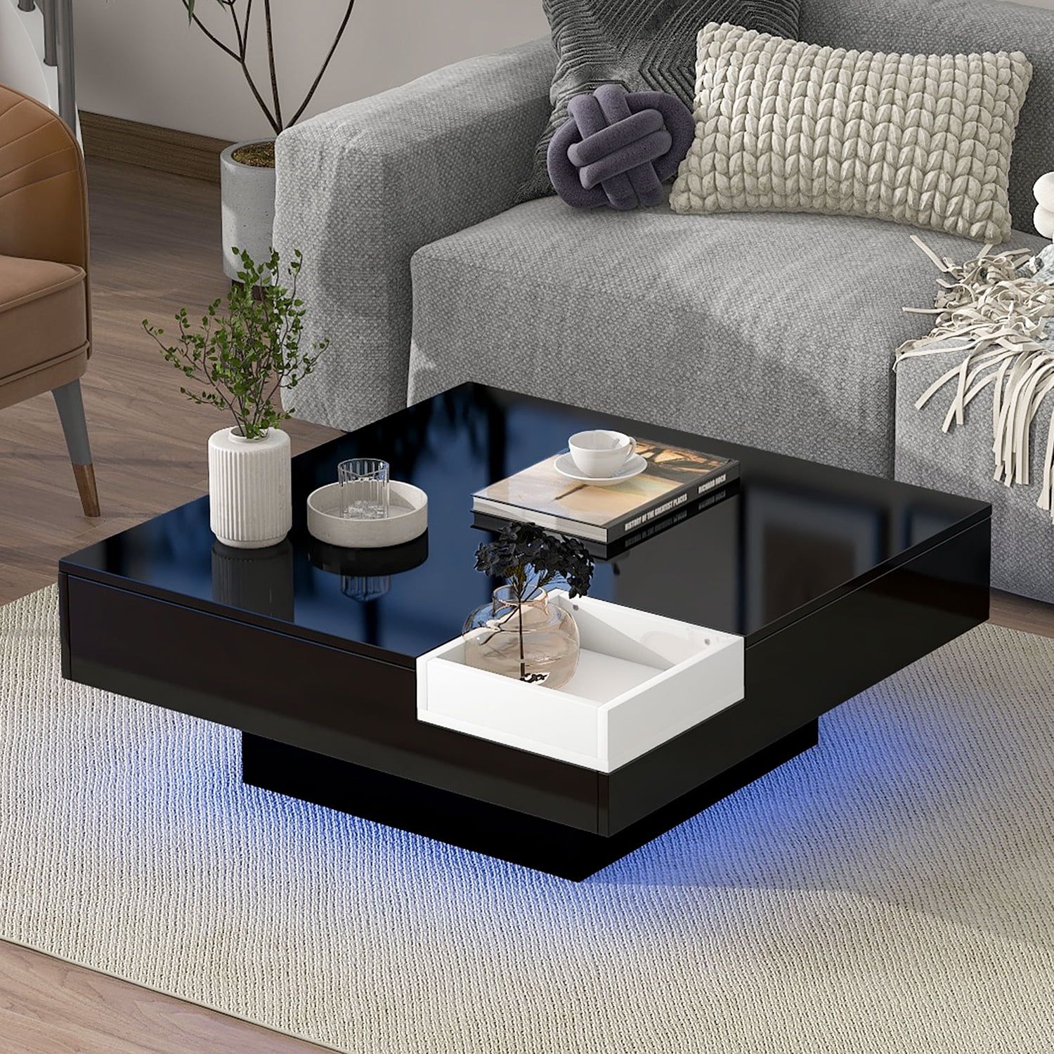 Churanty Square Led Light Coffee Table, Modern Cocktail Table With Detachable  Tray And Remote Control For Living Room, Black – Walmart Pertaining To Detachable Tray Coffee Tables (Photo 1 of 15)