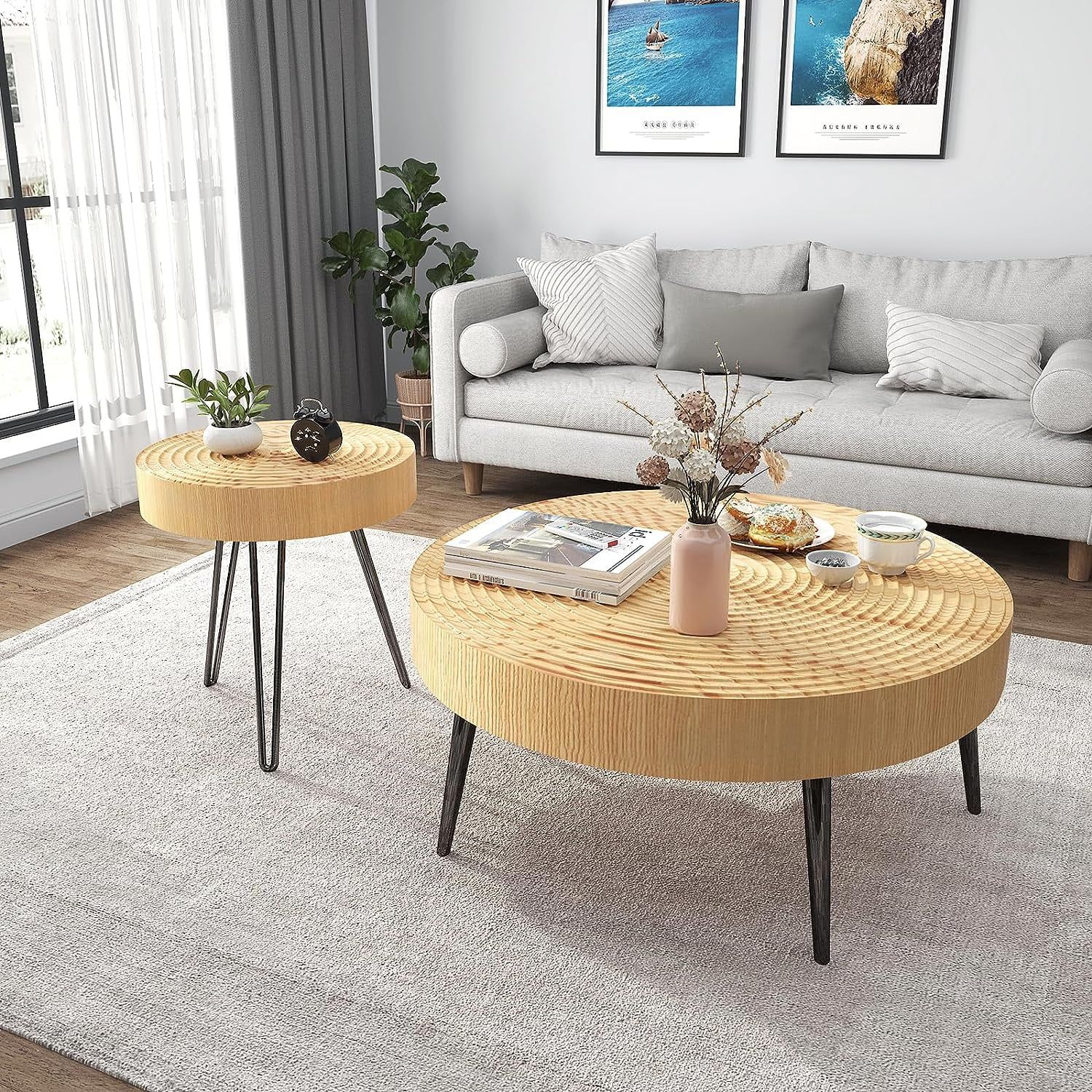Chvans 2 Pieces Round Coffee Table Set, Modern Farmhouse Living Room Coffee  Table Set, Wood Round Nesting Table With Ring Motif – Walmart Regarding Modern Farmhouse Coffee Table Sets (View 3 of 15)