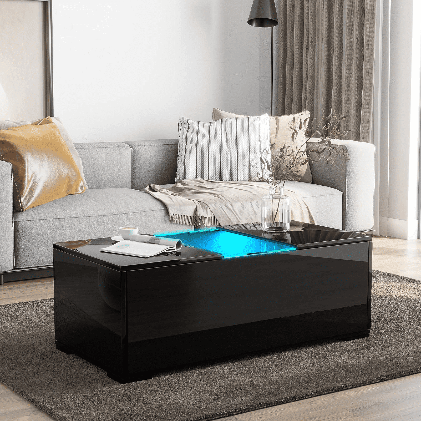 Chvans Led Coffee Tables With Storage, Rectangle High Gloss Coffee Table  With 20 Colors Led Lights For Living Room Center End Table With Glass  Tabletop & Remote – Walmart Within Rectangular Led Coffee Tables (Photo 8 of 15)