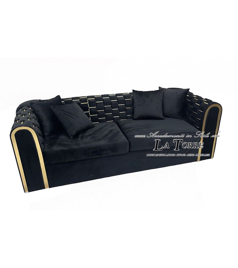 Classic Modern Sofa 3 Or 2 Seater Black Velvet Capitonnè With Gold Details  Tr03 2 Seater Or 3 Seater Sofa 2 Seater Sofa Within Sofas In Black (Photo 3 of 15)
