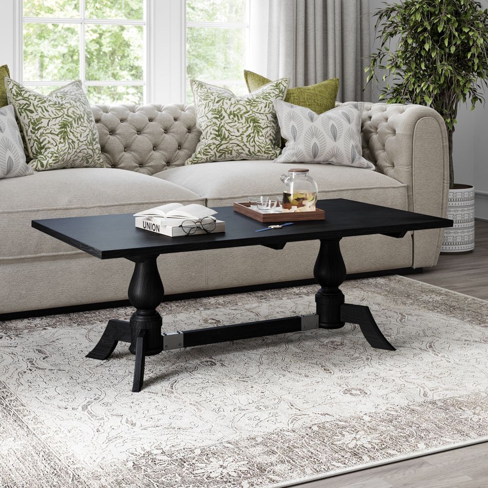 Clemence Black Painted Coffee Table, Solid Mango Wood Rectangular Top With  Double Pedestal Balustrade Base Regarding Rectangular Coffee Tables With Pedestal Bases (View 3 of 15)