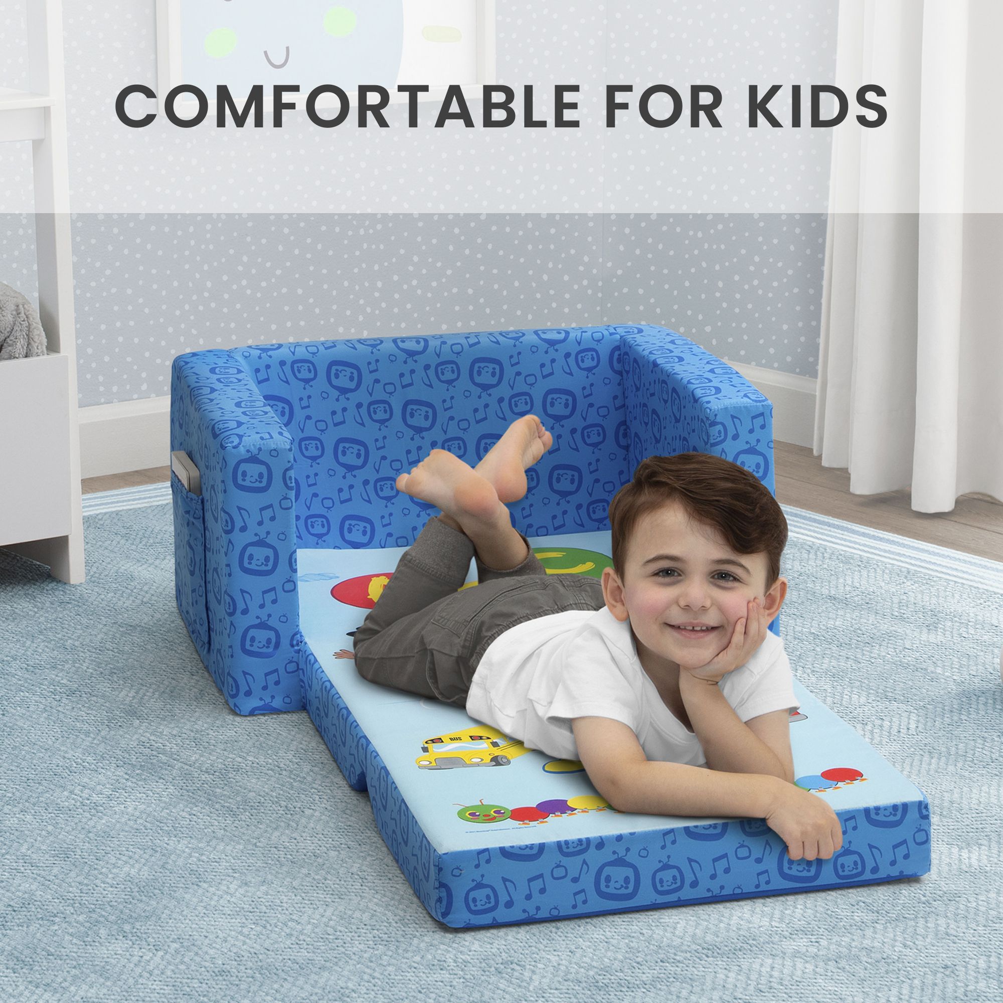 Cocomelon Cozee Flip Out Chair – 2 In 1 Convertible | Delta Children With Regard To 2 In 1 Foldable Children's Sofa Beds (View 13 of 15)