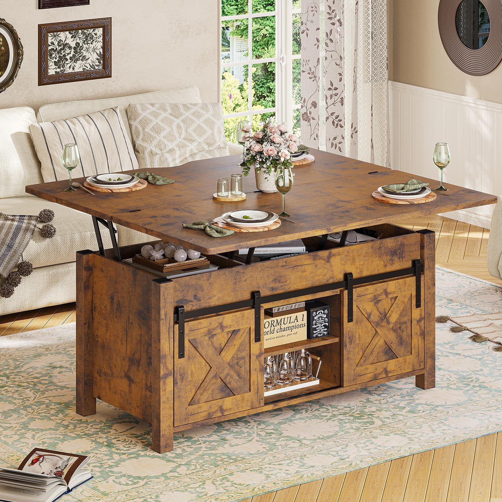Coffee Table For Living Room, Farmhouse Lift Top Coffee Tables With Storage  And Hidden Compartment, Rising Tabletop Center Table For Living Room  Reception Room, Rustic Brown – Walmart With Regard To Farmhouse Lift Top Tables (View 4 of 15)