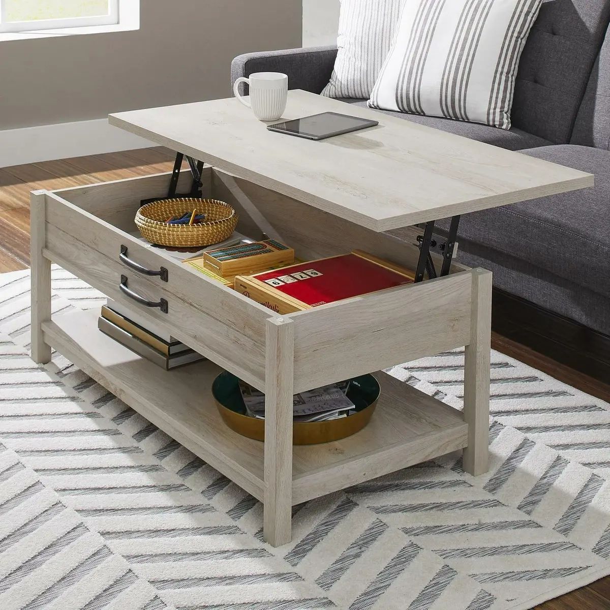 Coffee Table Modern Farmhouse Lift Top Rustic White Shelf Living Room  Furniture | Ebay With Farmhouse Lift Top Tables (Photo 3 of 15)