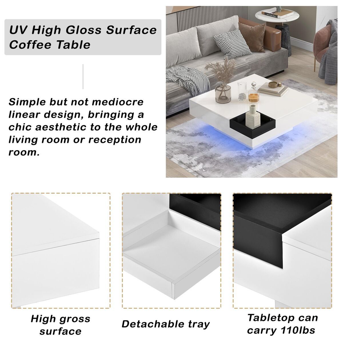 Coffee Table Modern Led Design With Detachable Tray High Glossy Furniture  White | Ebay Throughout Detachable Tray Coffee Tables (Photo 4 of 15)
